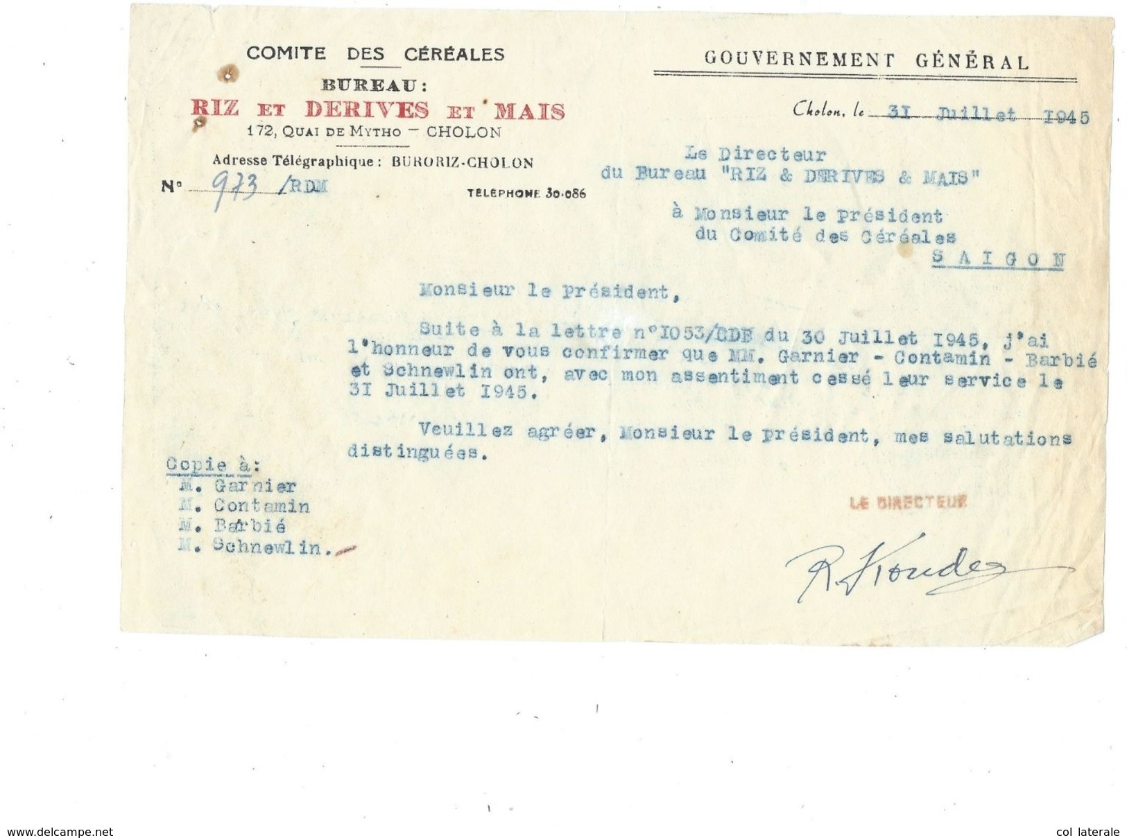 Indochine Comité Des Céréales Gouvernement Général CHOLON 1945 Document Bien Colonies Françaises Riz Et Dérivés Maïs - Other & Unclassified