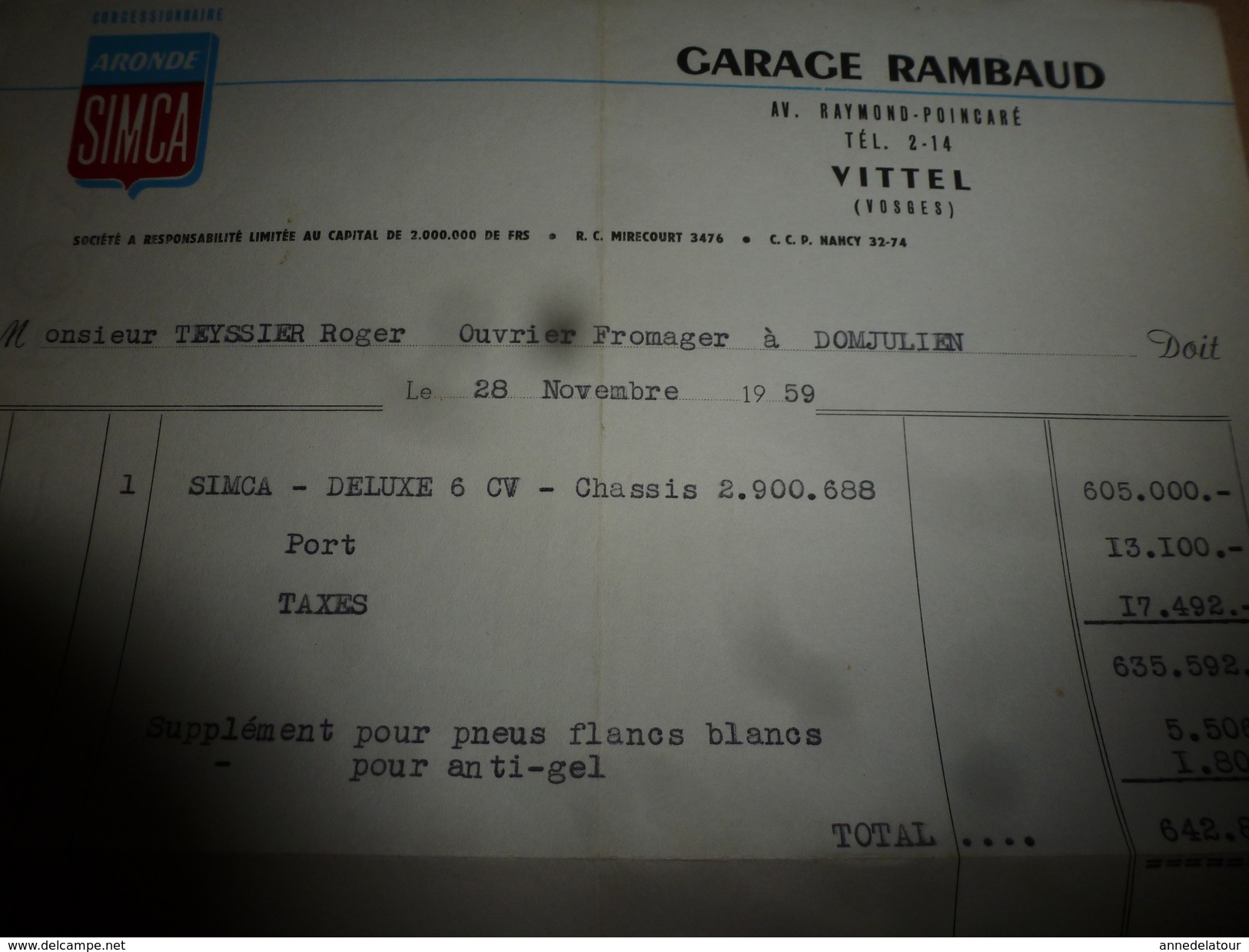 1959 Concessionnaire Aronde SIMCA :Garage Rambaud à Vittel (Vosges)   Facture De Réparation Pour SIMCA Deluxe 6 CV - Auto's