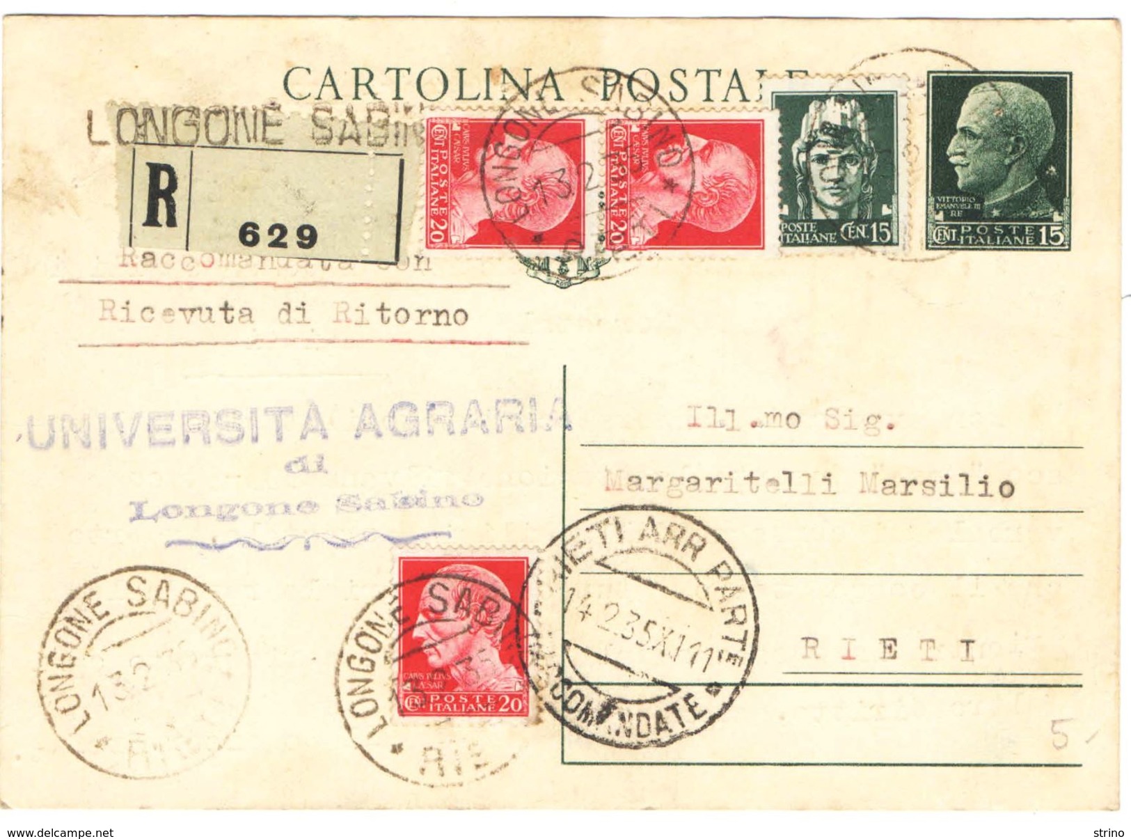 R695) V.E.III CARTOLINA POSTALE 15 C. IMPERIALE SPEDITA PER RACCOMANDATA IL 13.2.1935 - Interi Postali