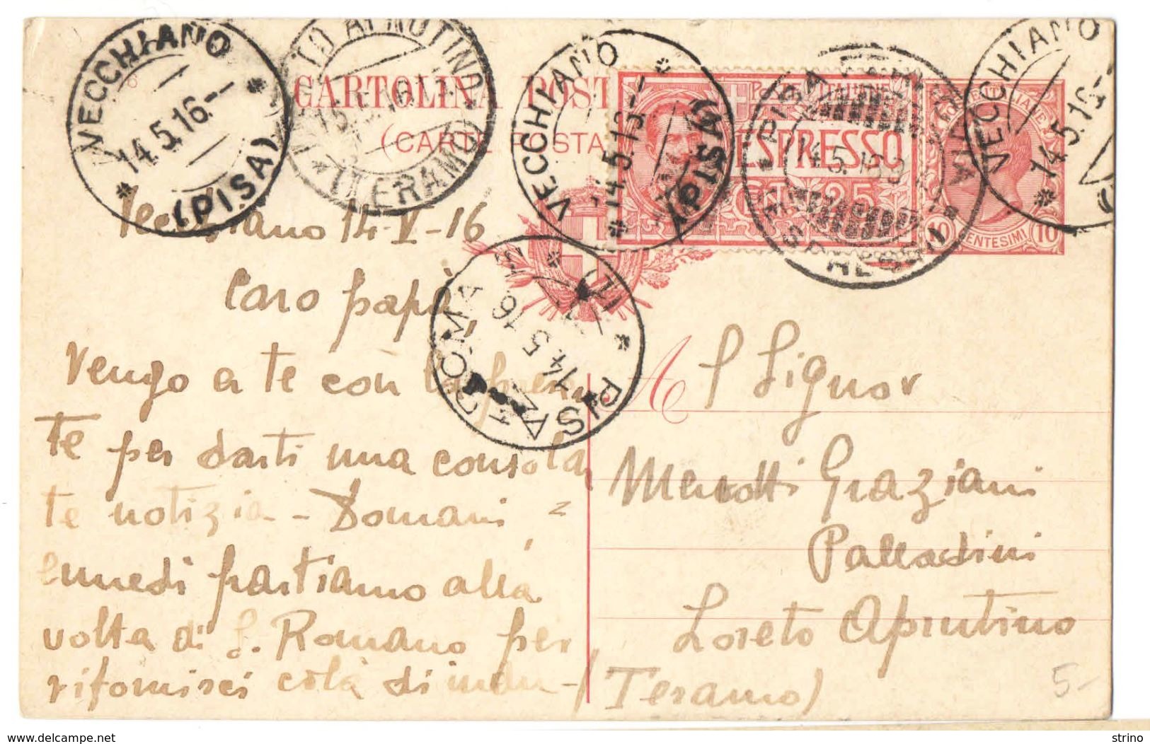 R739) V.E.III CARTOLINA POSTALE 10 C. LEONI SPEDITA PER ESPRESSO IL 14.5.1916 - Interi Postali