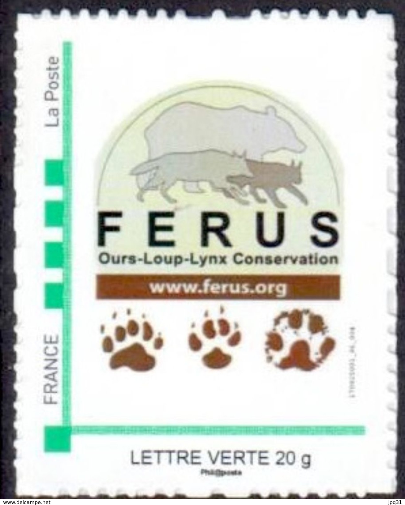 Timbre Personnalisé Logo Ferus Et Empreintes Ours Loup Lynx - édition 2017 - Lettre Verte - Autres & Non Classés