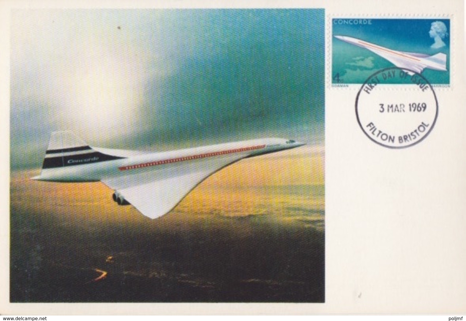 CP Maximum N° 555 Avion Supersonique Concorde  En Vol Obl. Filton Bristol Le 3 Mars 1969 - Carte Massime