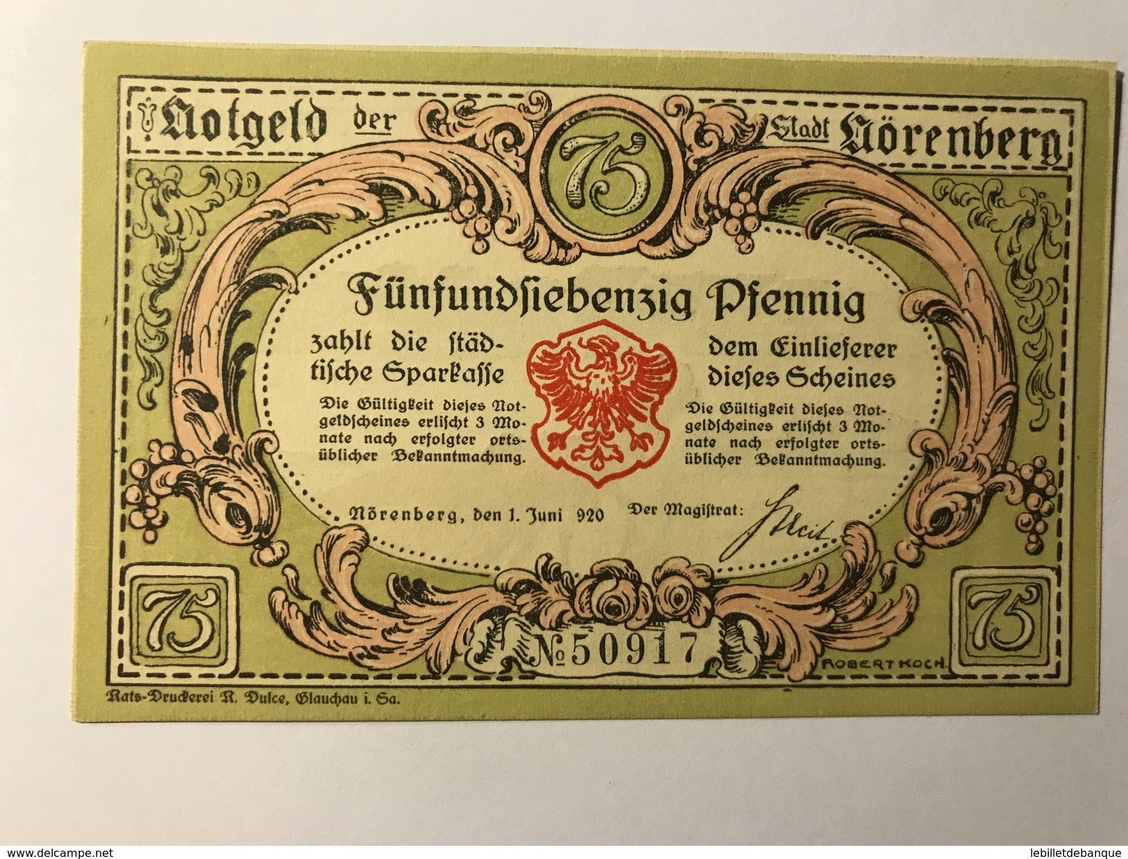 Allemagne Notgeld Norenberg 75 Pfennig - Collections