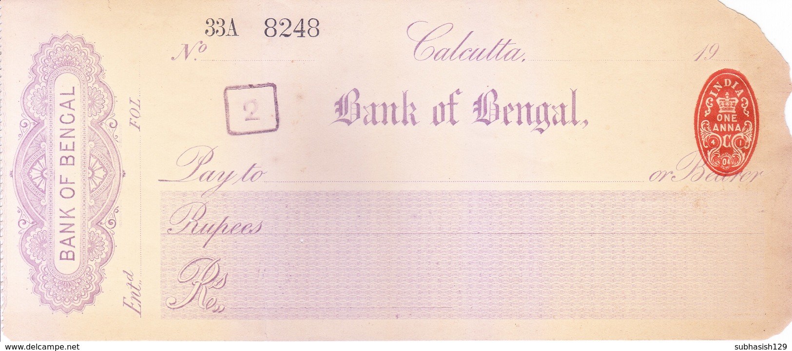 BANK OF BENGAL, CALCUTTA BRANCH - UNUSED CHEQUE WITH 1904 ONE ANNA REVENUE FEE STAMP - Cheques & Traveler's Cheques