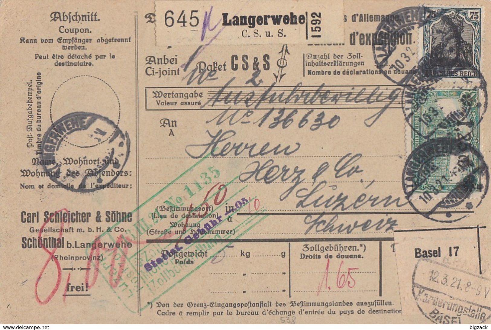 DR Paketkarte Mif Minr.3x 95,104,116 Langerwehe 10.3.21 Gel. In Schweiz - Storia Postale