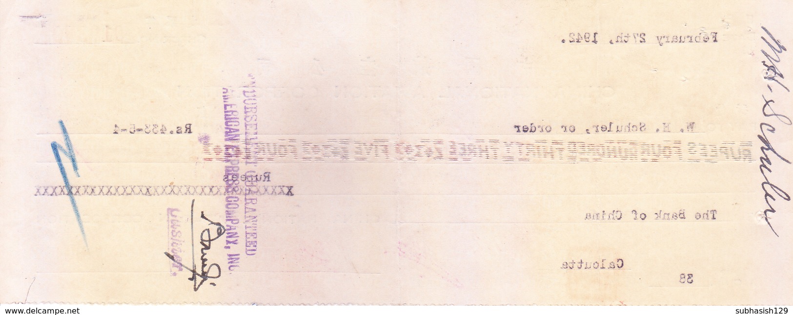 CHINA NATIONAL AVIATION CORPORATION, CALCUTTA BRANCH CHEQUE 1942 - ISSUED ON BANK OF CHINA - USED WITH SIGNATURE SEALS - Cheques & Traveler's Cheques