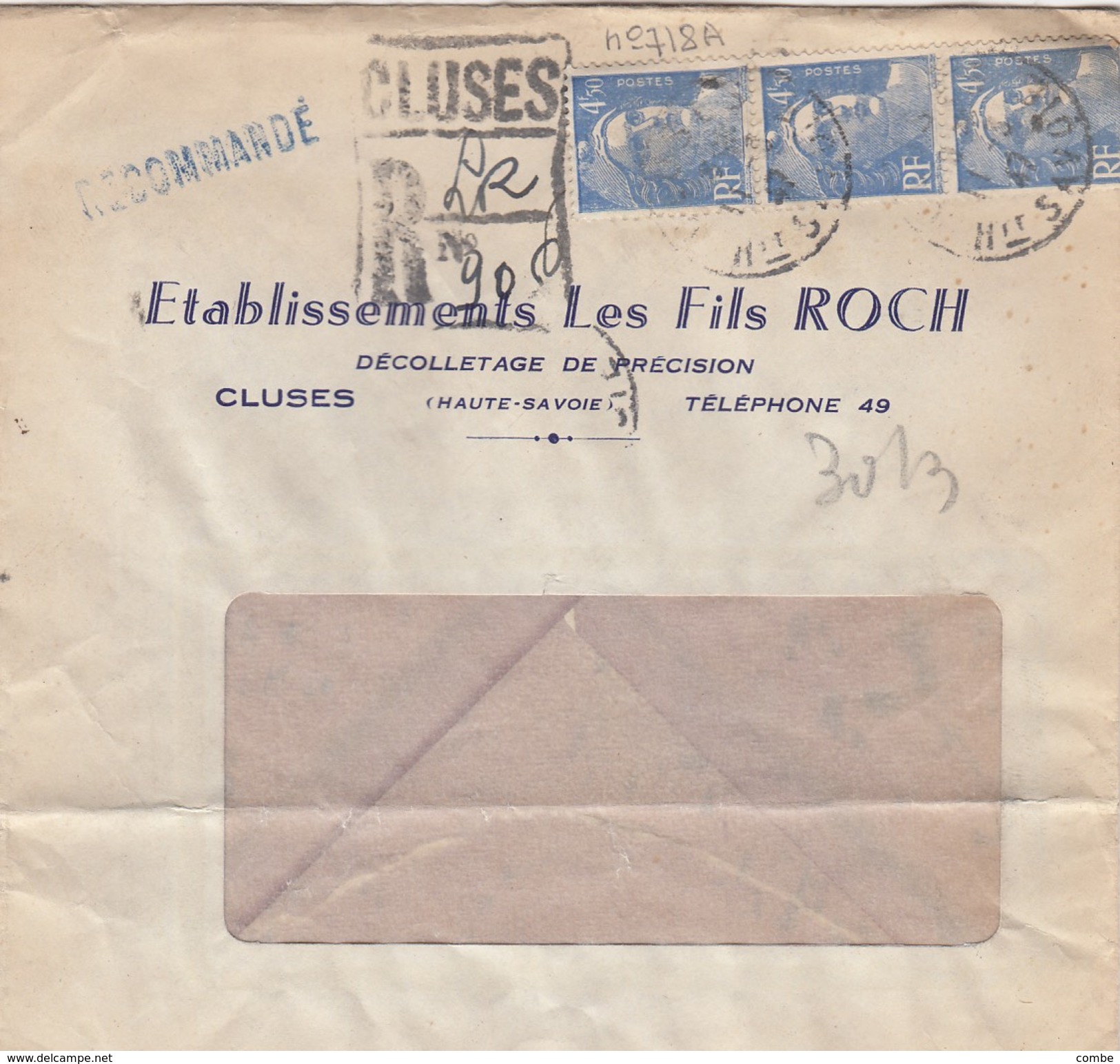 LETTRE FENETRE. 11.3.47. RECOMMANDÉ PROVISOIRE CLUSES HAUTE-SAVOIE . GANDON 4.50F X 3. ROCH DECOLLETAGE DE PRECISION / 3 - 1921-1960: Période Moderne