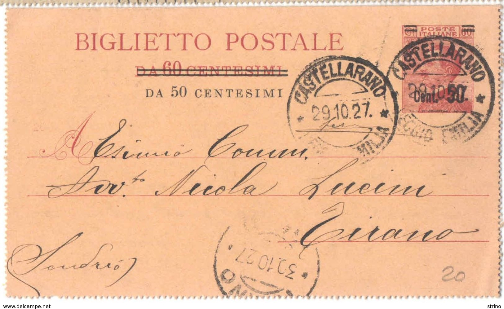 R766) V.E.III BIGLIETTO POSTALE 50 SU 60 C. MICHETTI MILL. 26 VIAGGIATO - Interi Postali