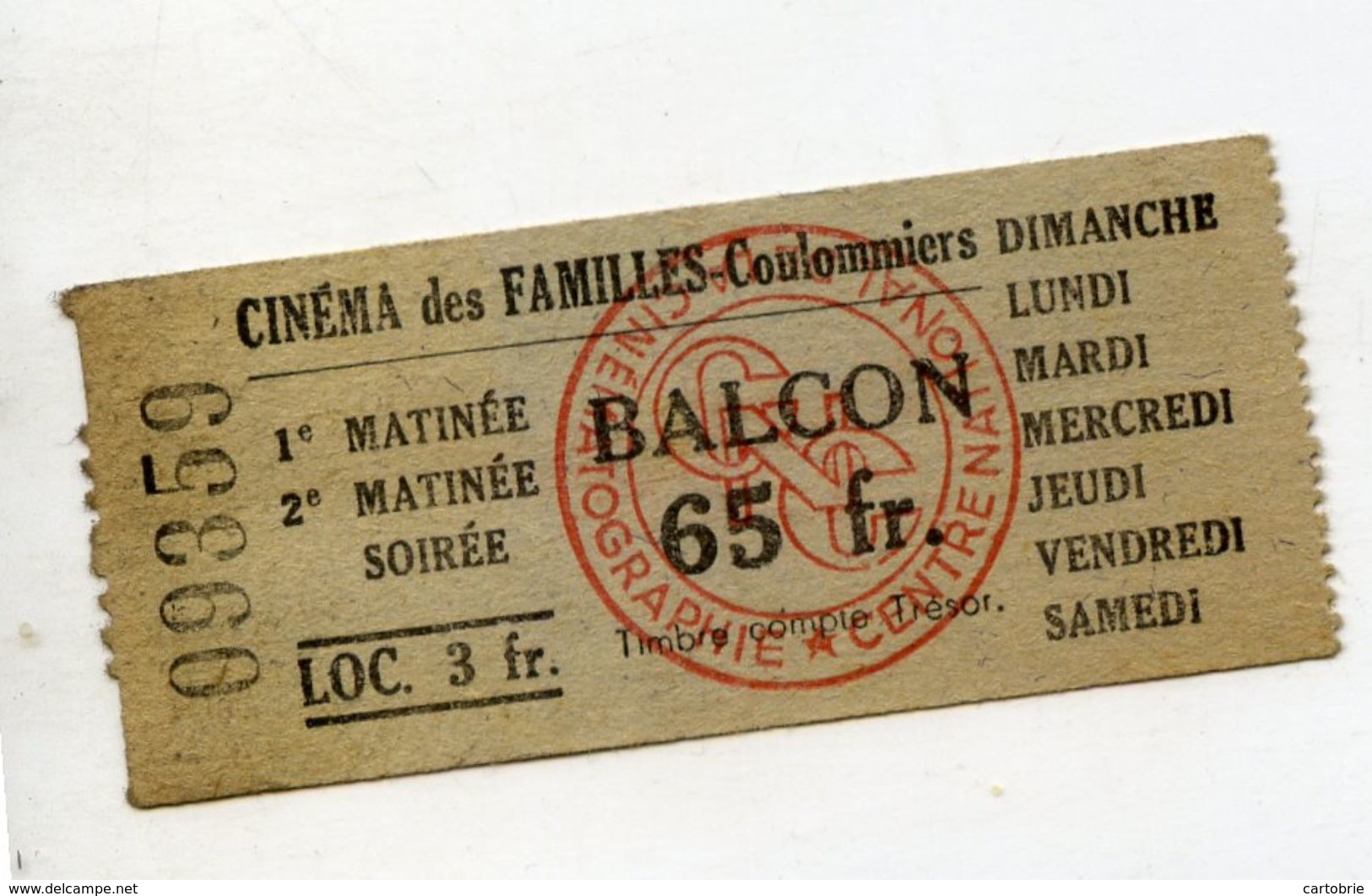 TICKET ENTREE CINEMA Des FAMILLES COULOMMIERS 65 Fr BALCON - Tickets D'entrée