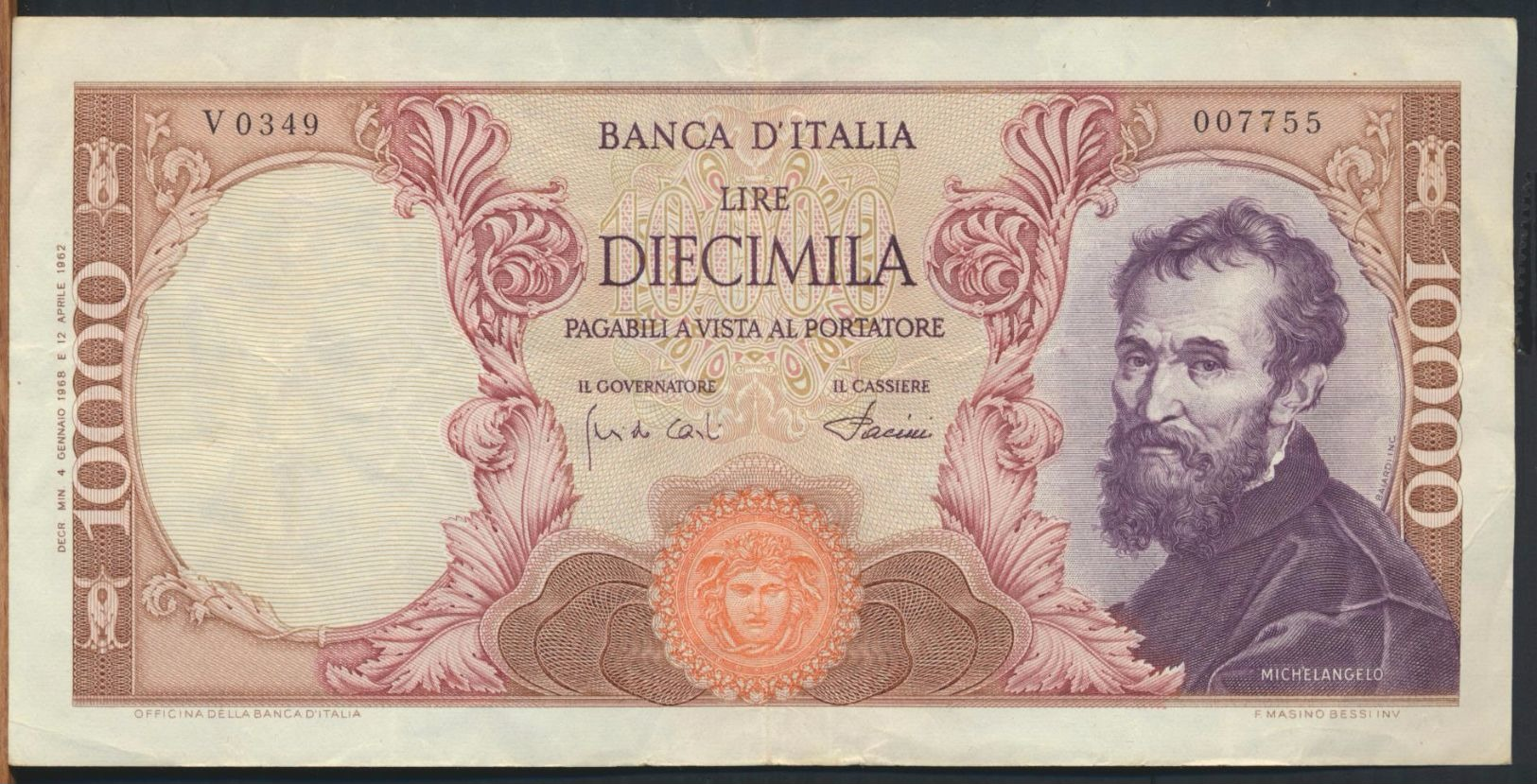 °°° ITALIA - 10000 LIRE MICHELANGELO 04/01/1968 SERIE V °°° - 10000 Lire