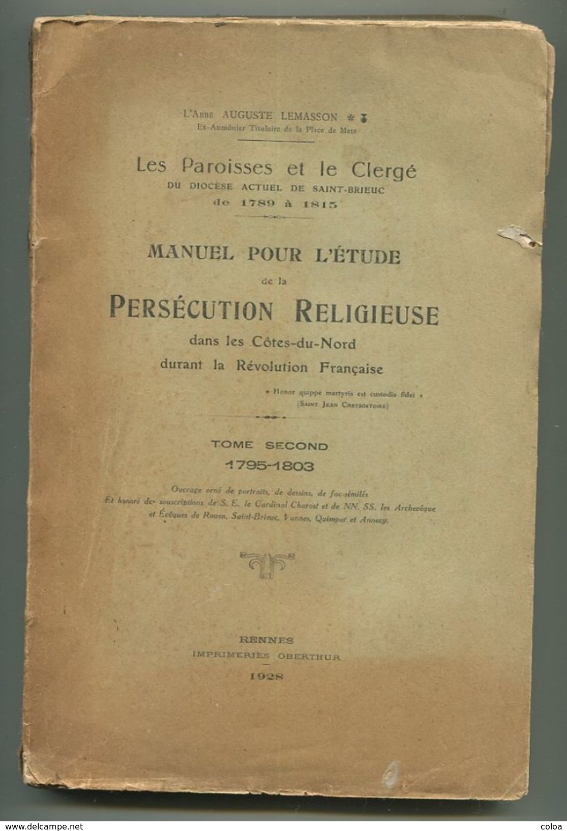 Auguste LEMASSON Manuel Pour L’étude De La Persécution Religieuse Dans Les Côtes-du-nord Durant La Révolution Française - Bretagne