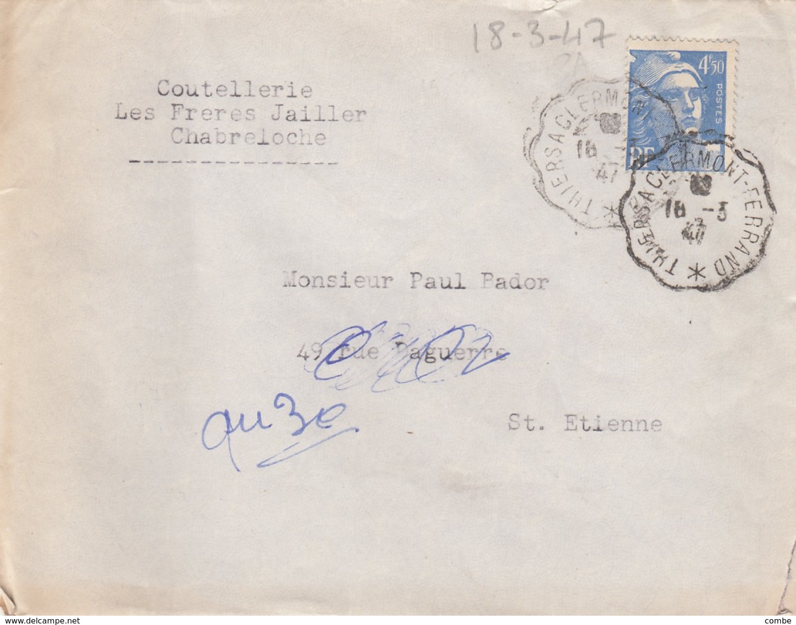 LETTRE. 18.3.47. AMBULANT THIERS A CLERMONT-FERRAND. GANDON 4.50F. Ets LES FRERES JAILLER COUTE CHABRELOCHE PUY-DE-DOME - 1921-1960: Periodo Moderno