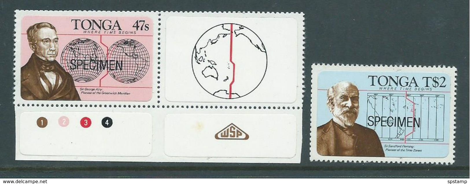 Tonga 1984 International Date Line Self Adhesive Set Of 2 MNH Specimen Overprint, 1 Is Marginal With Label - Tonga (1970-...)