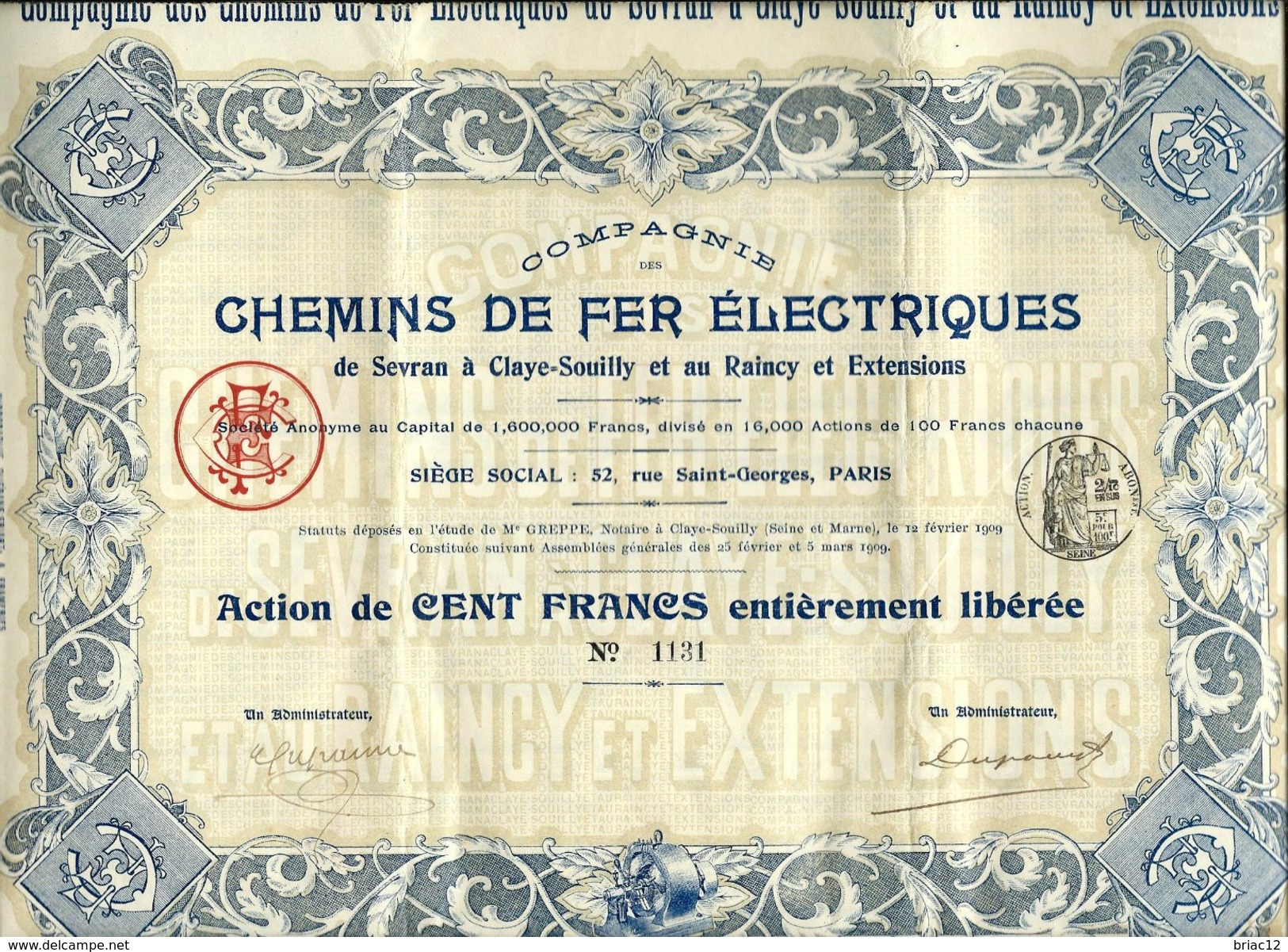 Action "Chemins De Fer Electriques" 1909 - Railway & Tramway