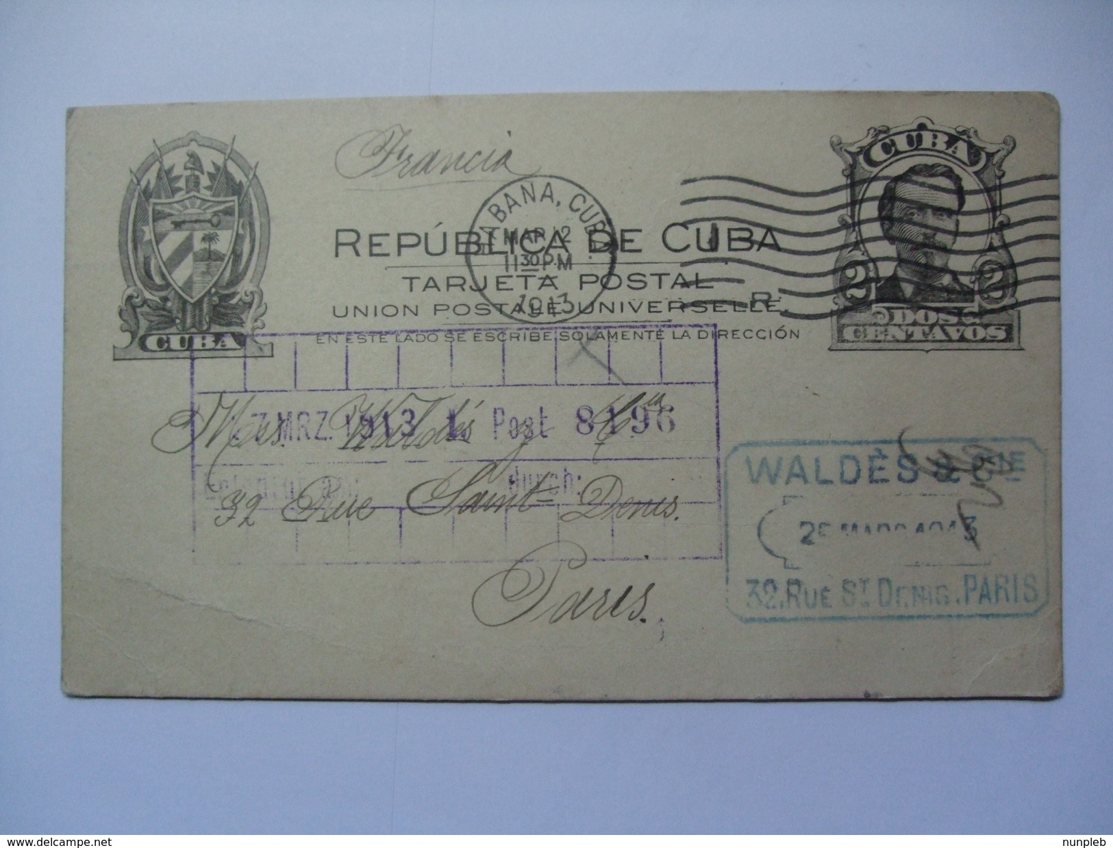 CUBA - 1913 Stationary Card - Havana To Paris France - Waldes & Co. Cachet - Briefe U. Dokumente
