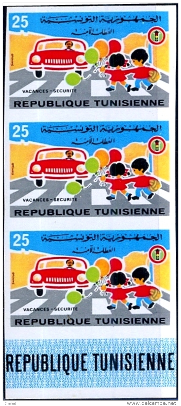 TRAFFIC SAFETY-CHILDREN-MARGINAL IMPERF-STRIP OF 3-TUNIISIA-MNH-PA2-73 - Sonstige (Land)