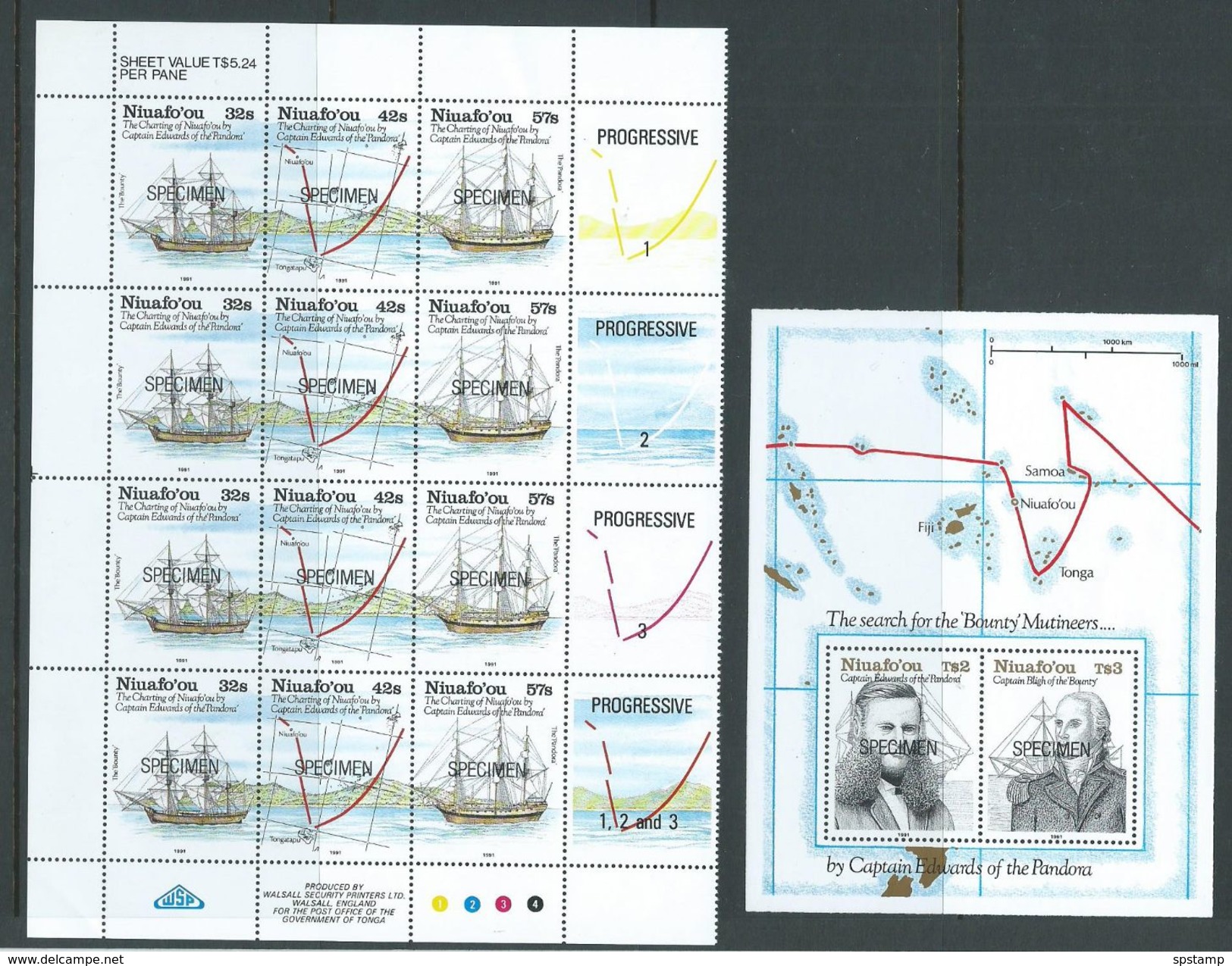 Tonga Niuafo'ou 1991 Bligh & Edwards Charting Half Sheet Of 4 Strips + Labels & Miniature Sheet Specimen Overprint MNH - Tonga (1970-...)