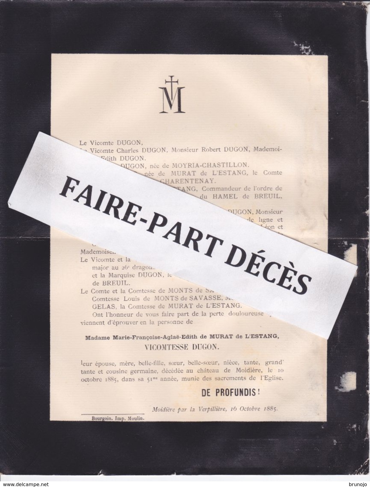 Faire-part Décès Mme Marie Françoise Aglae Edith DE MURAT DE L'ESTANG, Vicomtesse DUGON, Moidière, 1885 - Décès