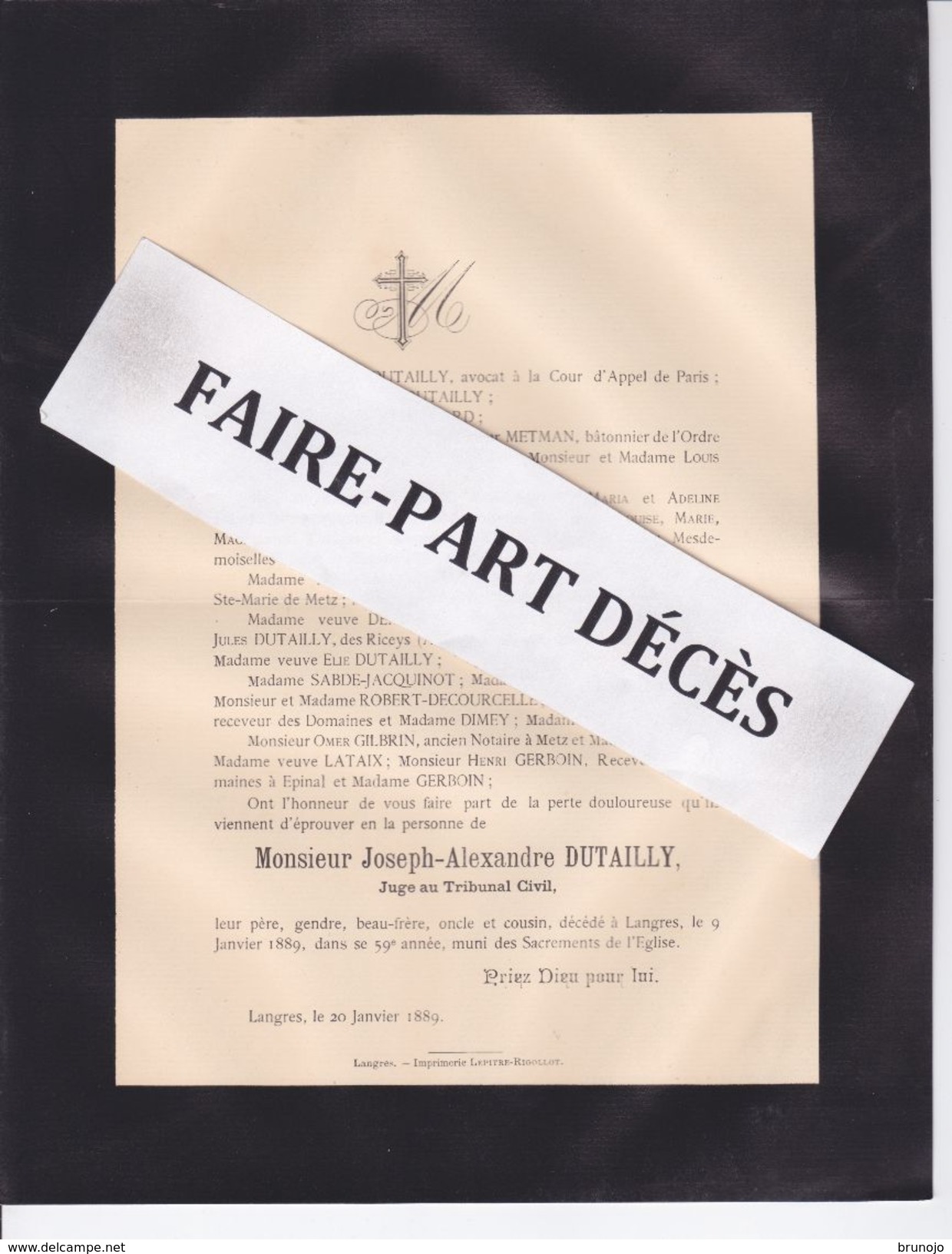 Faire-part Décès Joseph Alexandre DUTAILLY, Juge Au Tribunal Civil, Langres, 1889 - Obituary Notices