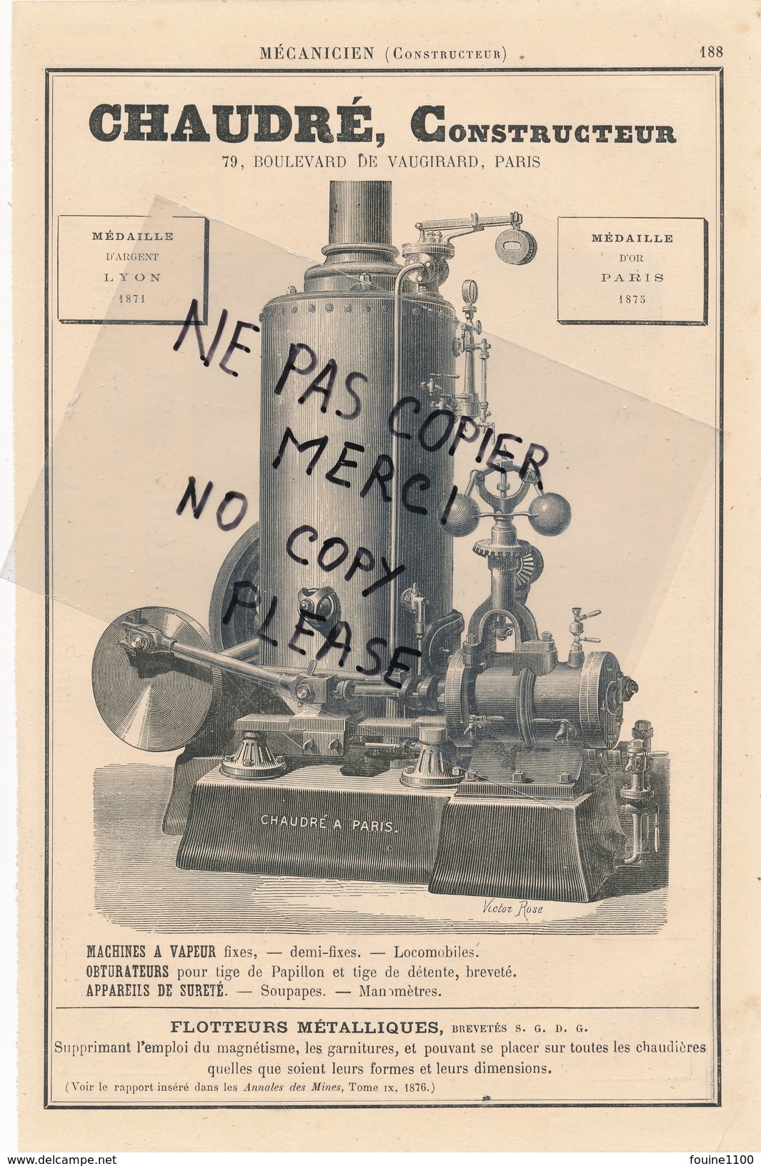 PUB De 1877 Locomobile Machines à Vapeur Constructeur CHAUDRE Fonderie Atelier De Construction à TERGNIER FARGNIERS - Publicités