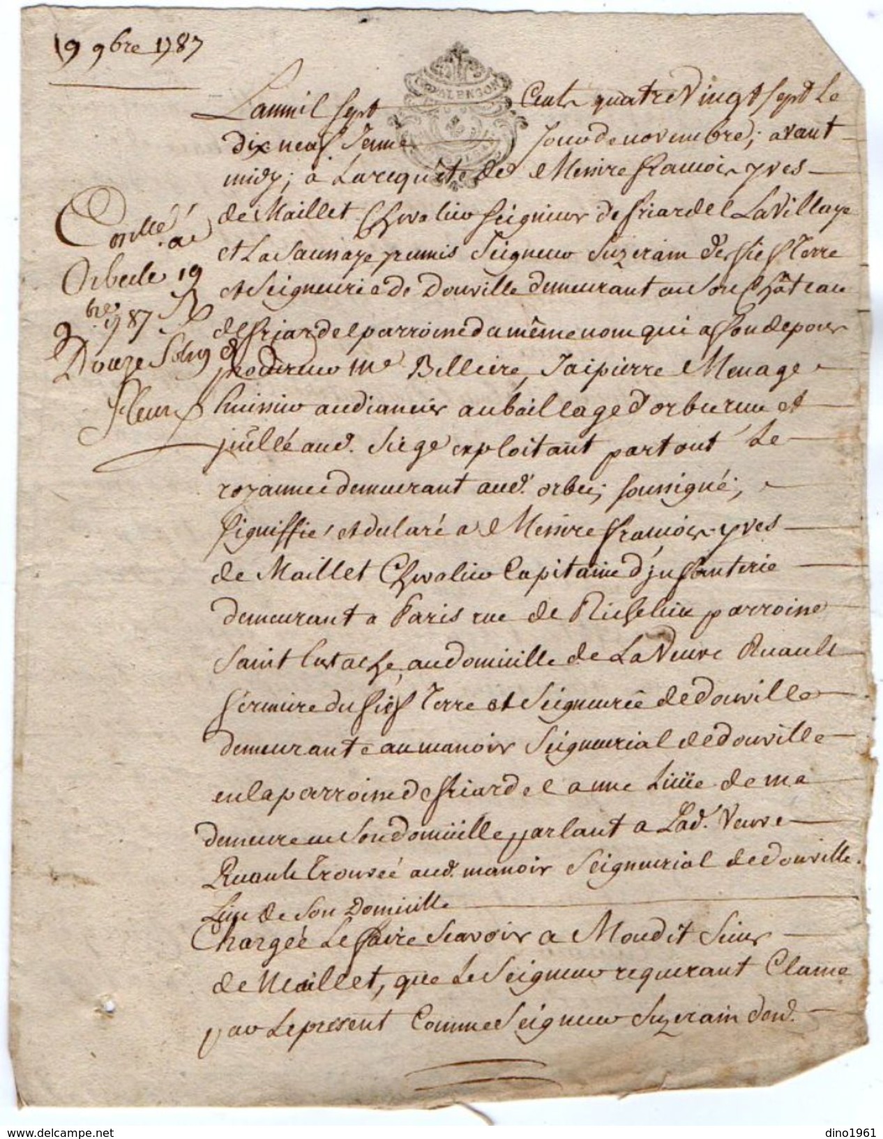 VP11.443 ALENCON - Acte De 1787- Entre Mrs De MAILLET Chevalier Seigneur De FRIARDEL & DOUVILLE Contre Le Comte De PALLU - Timbri Generalità