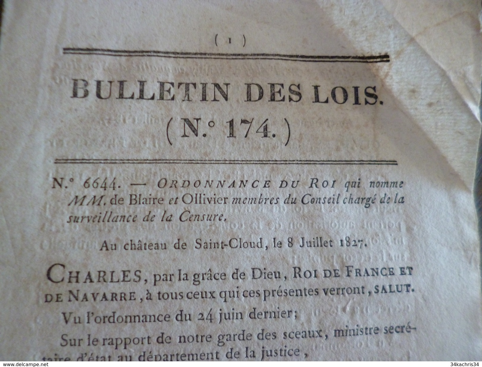 Bulletin Des Lois N°174 8/07/1827 Dont Colonies Esclavage Procédure Criminelle De Martinique Et Guadeloupe. - Decreti & Leggi