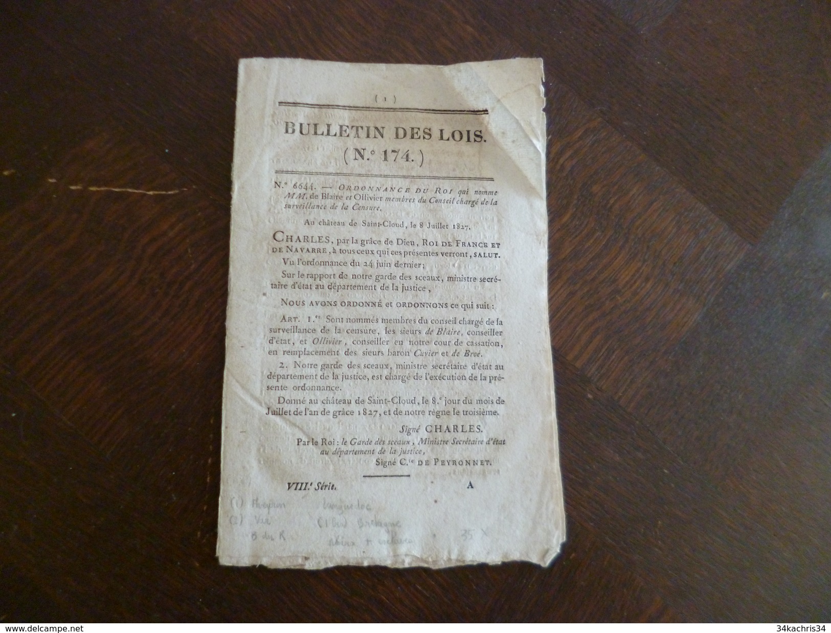 Bulletin Des Lois N°174 8/07/1827 Dont Colonies Esclavage Procédure Criminelle De Martinique Et Guadeloupe. - Décrets & Lois