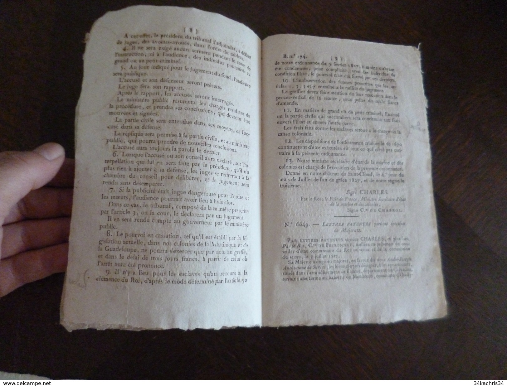Bulletin des Lois N°174 8/07/1827 dont Colonies Esclavage Procédure criminelle de Martinique et Guadeloupe.