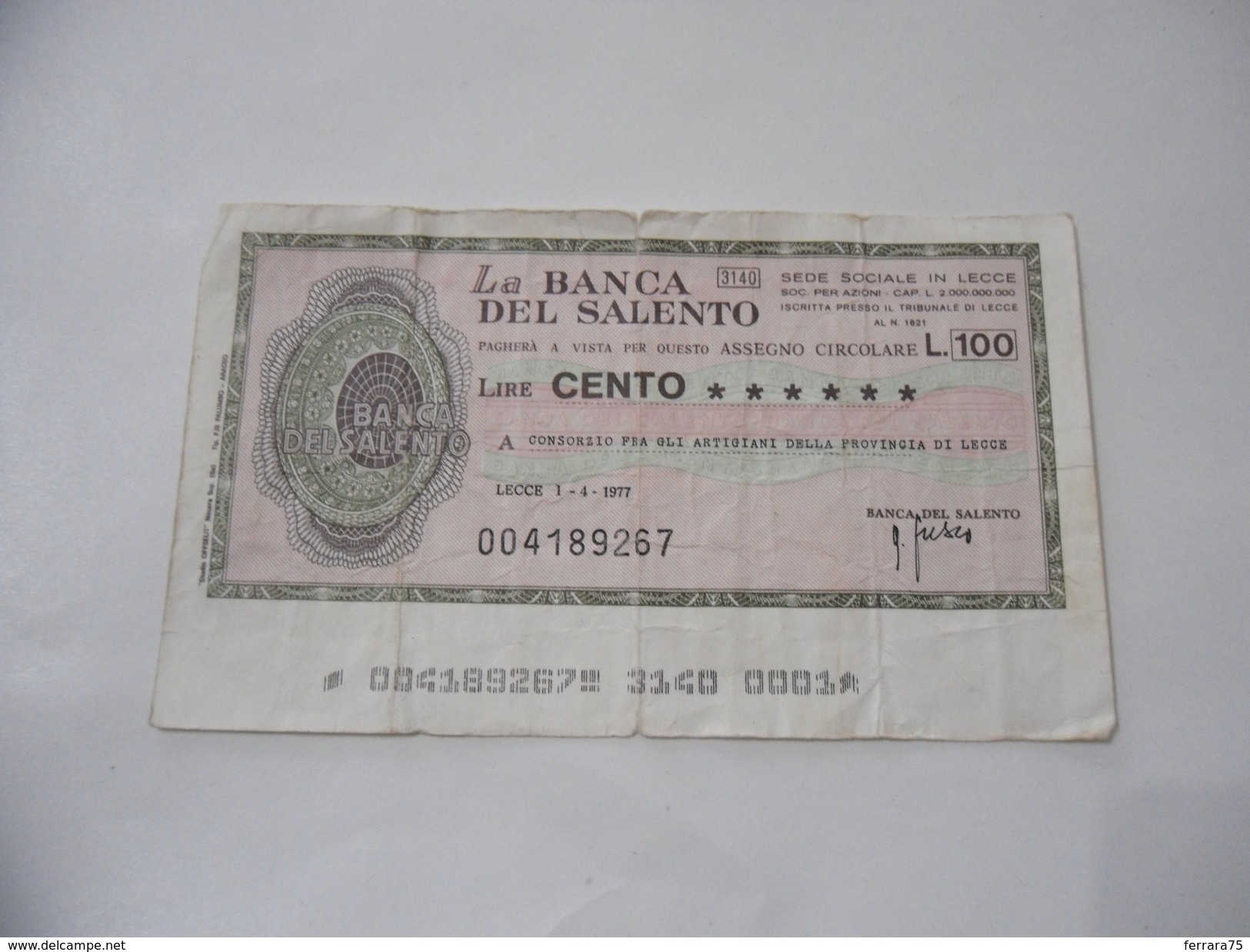 MINIASSEGNO LA BANCA DEL SALENTO LIRE 100. - [10] Cheques Y Mini-cheques