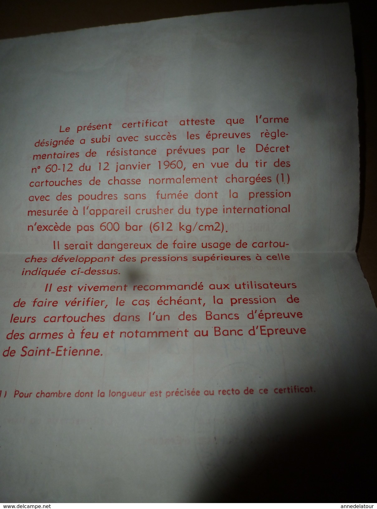 1975 Certificat BANC d'EPREUVE OFFICIEL des ARMES à FEU et des MUNITIONS, EPREUVE des ARMES FINIES (TARZAN 800)