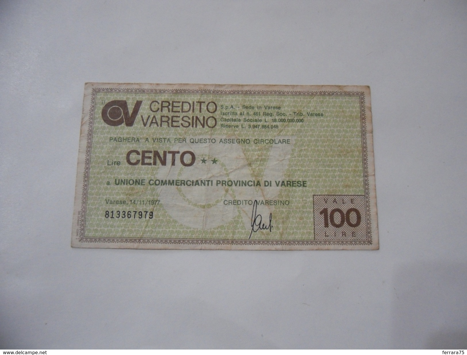 MINIASSEGNO CREDITO VARESINO LIRE 100. - [10] Chèques