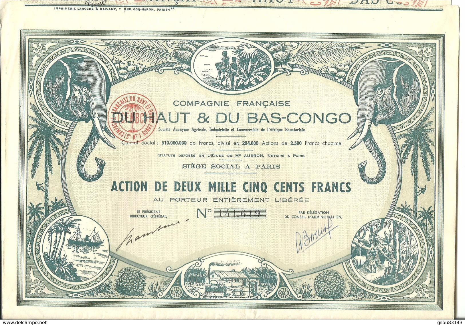 Actions, Compagnie Française Du Haut Et Bas-Congo, Action De 2500 Fr    (bon Etat)  Coupon De 1 A 30 Complet. - Afrique