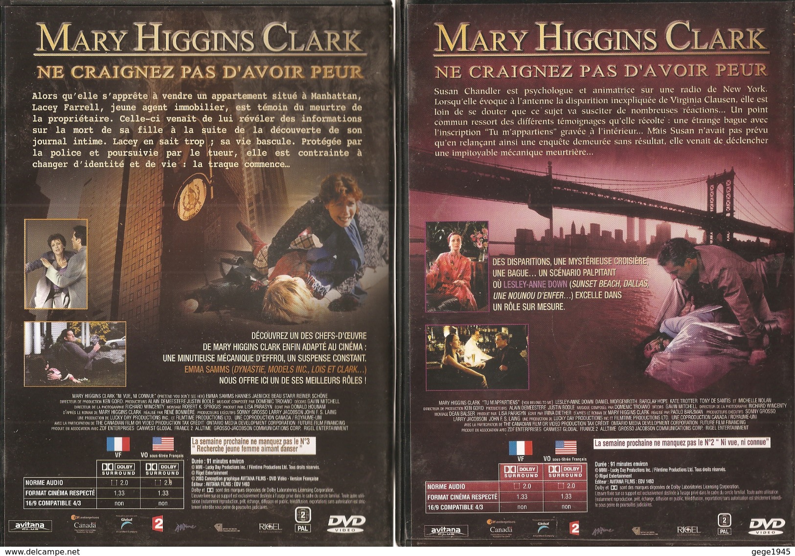 4 DVD  Mary Higgins  Ckark  N° 1 - N° 2 -  N° 3 - N° 4 - Policiers