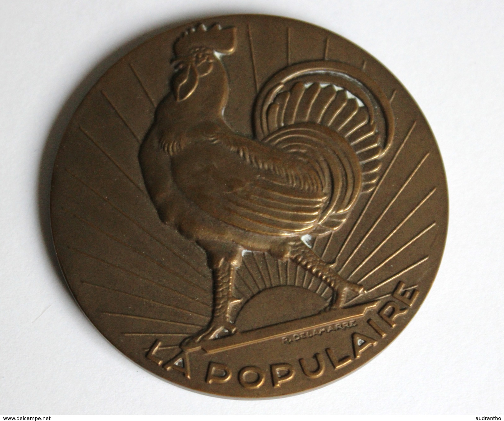 Médaille Bronze Coq La Populaire Compagnie Française Assurance Vie Magdeleine Sallais Employée Delamarre - Other & Unclassified
