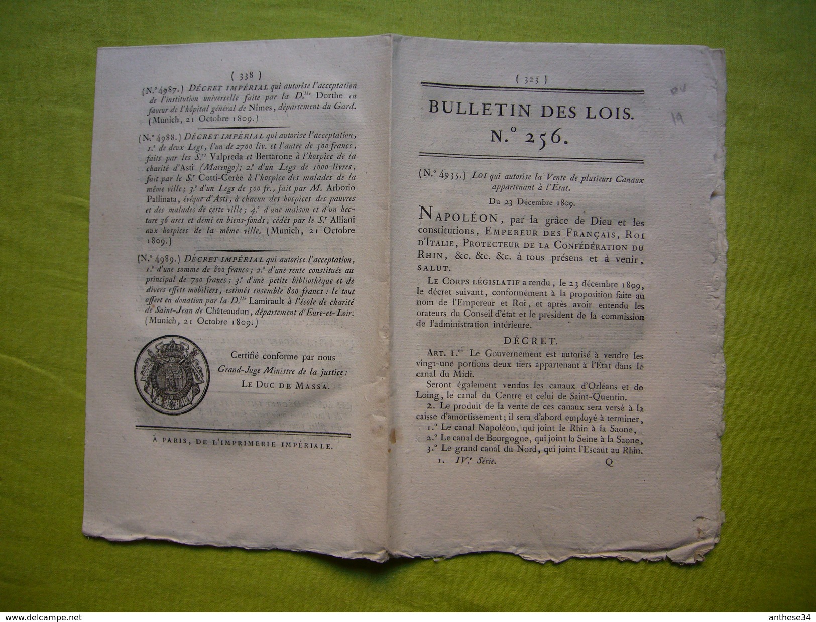 Bulletin Des Lois N° 256 Napoléon 1809 Vente Portions Du Canal Du Midi - Décrets & Lois