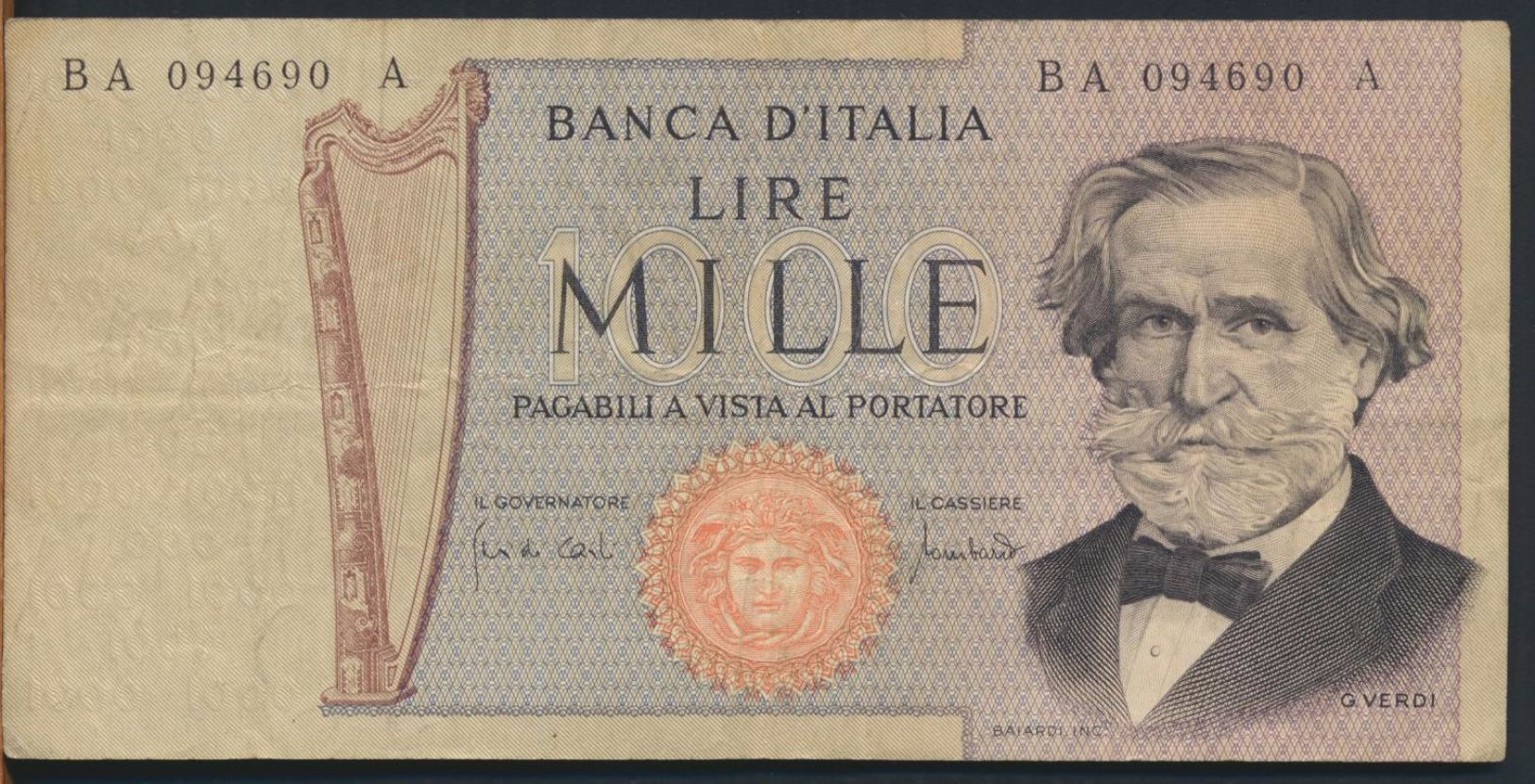 °°° ITALIA - 1000 LIRE G. VERDI 25/03/1969 SERIE BA °°° - 1000 Lire