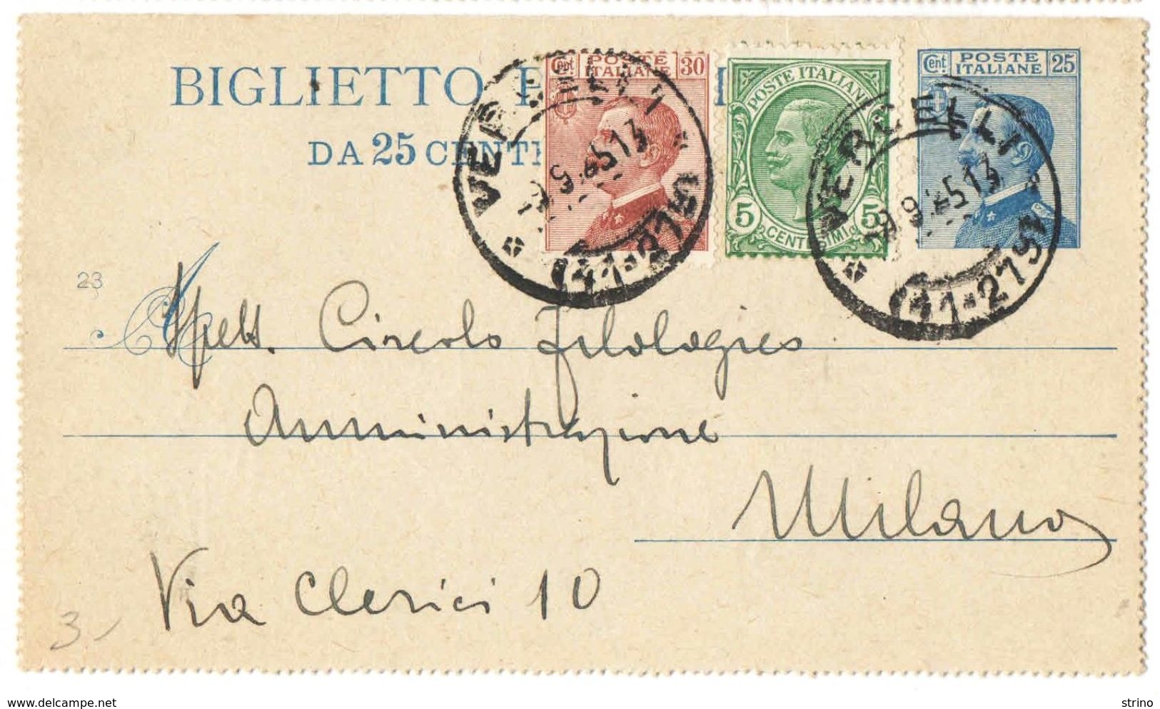 R772) V.E.III BIGLIETTO POSTALE 25 C. MICHETTI MILL. 23 VIAGGIATO - Entiers Postaux