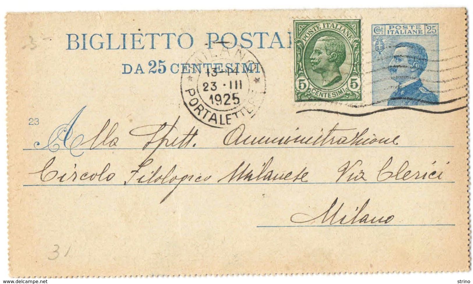 R771) V.E.III BIGLIETTO POSTALE 25 C. MICHETTI MILL. 23 VIAGGIATO - Interi Postali