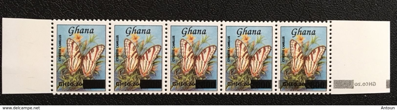 Ghana 2008 Def. Strip Of 5 Surch. Double On 5th Stamp And Margin - Ghana (1957-...)