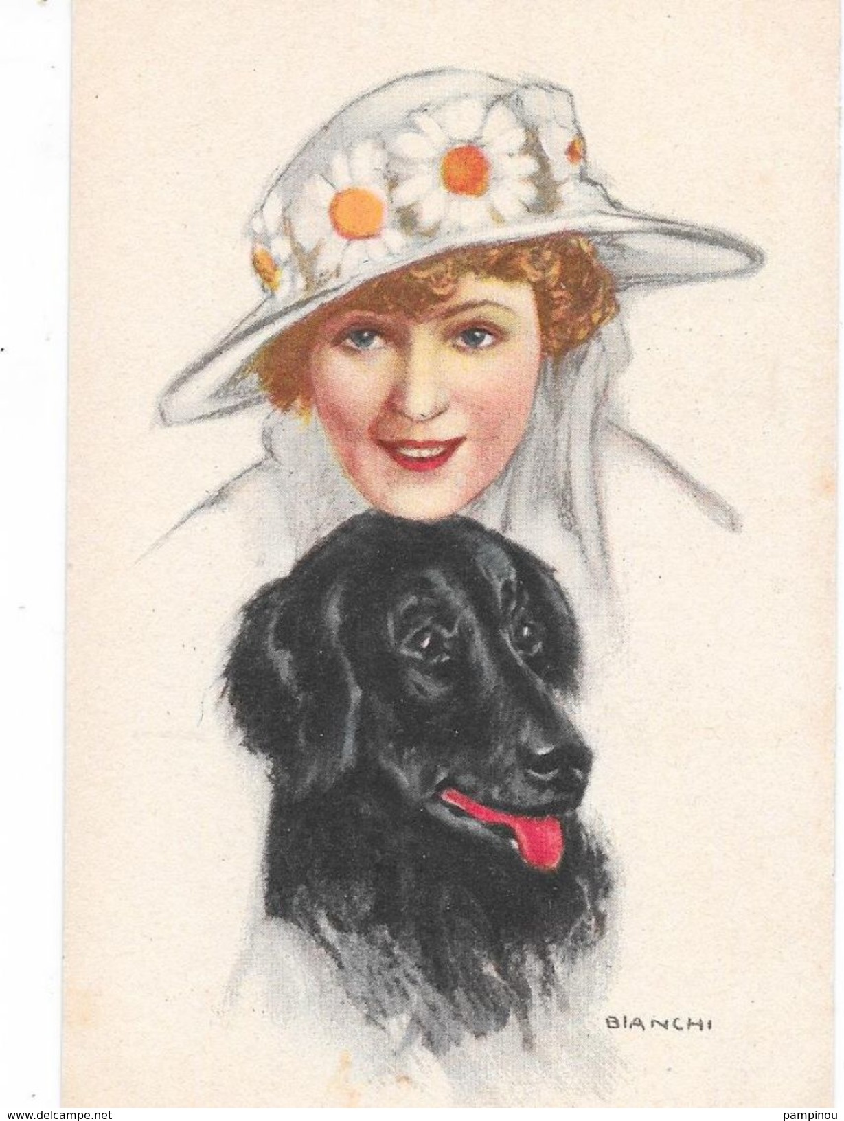 BIANCHI - Femme Au Chapeau Fleuri Et Son Chien Noir - Autres & Non Classés