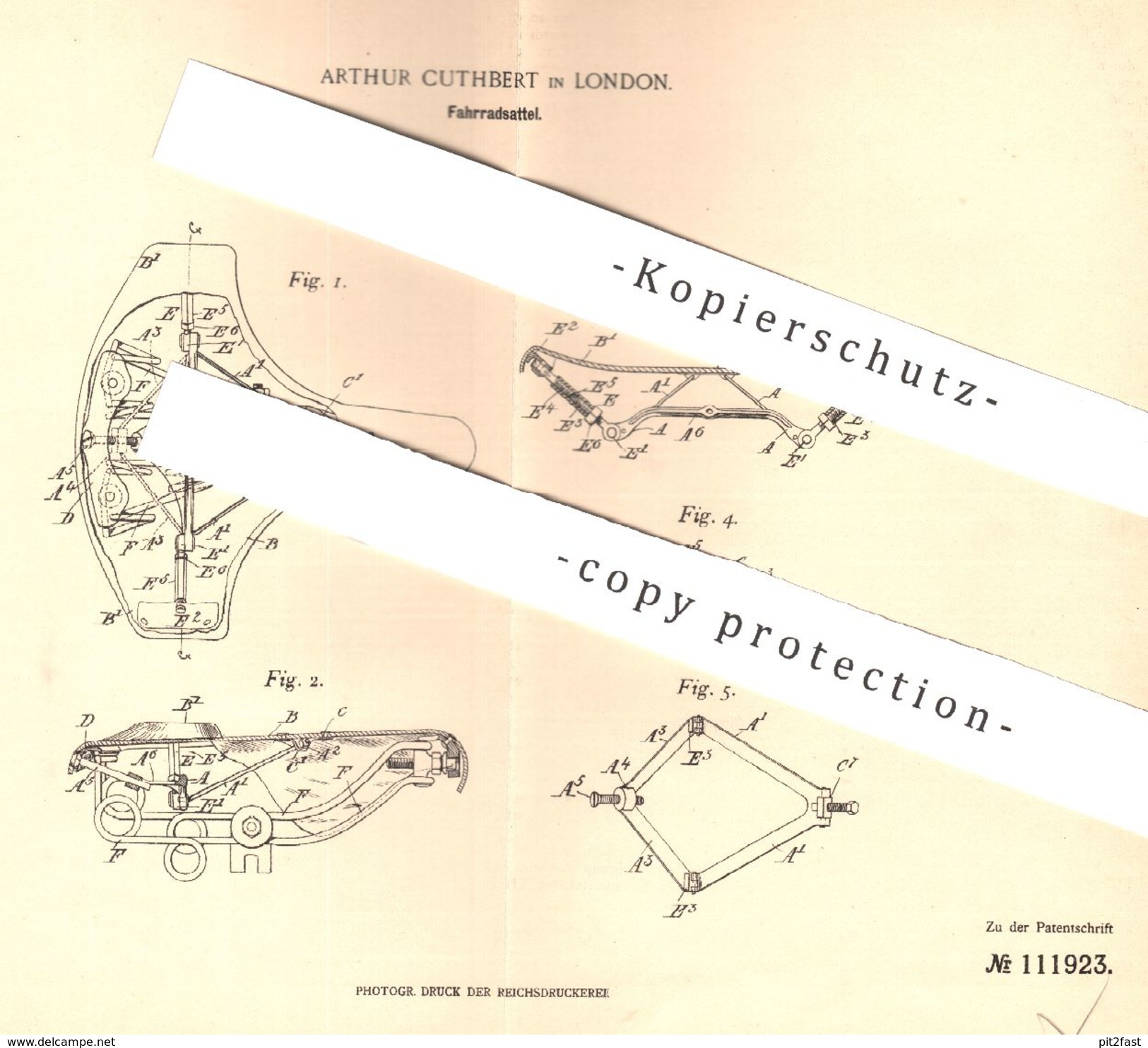 Original Patent - Arthur Cuthbert , London , 1899 , Fahrradsattel | Sattel , Fahrrad , Fahrräder , Sattler , Leder !!! - Historische Dokumente