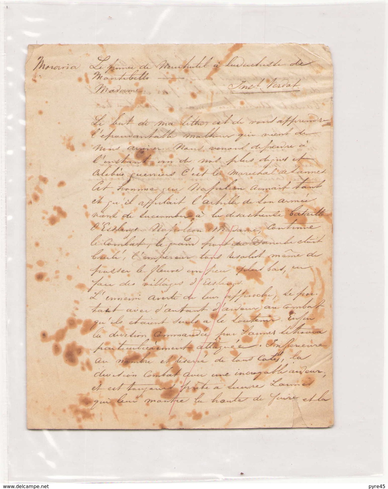 LETTRE ANNONCANT LA MORT DU MARECHAL DE LANNES PAR LE PRINCE DE NEUCHATEL A LA DUCHESSE DE MONTEBELLO A ESSLING 1809 - Documents Historiques