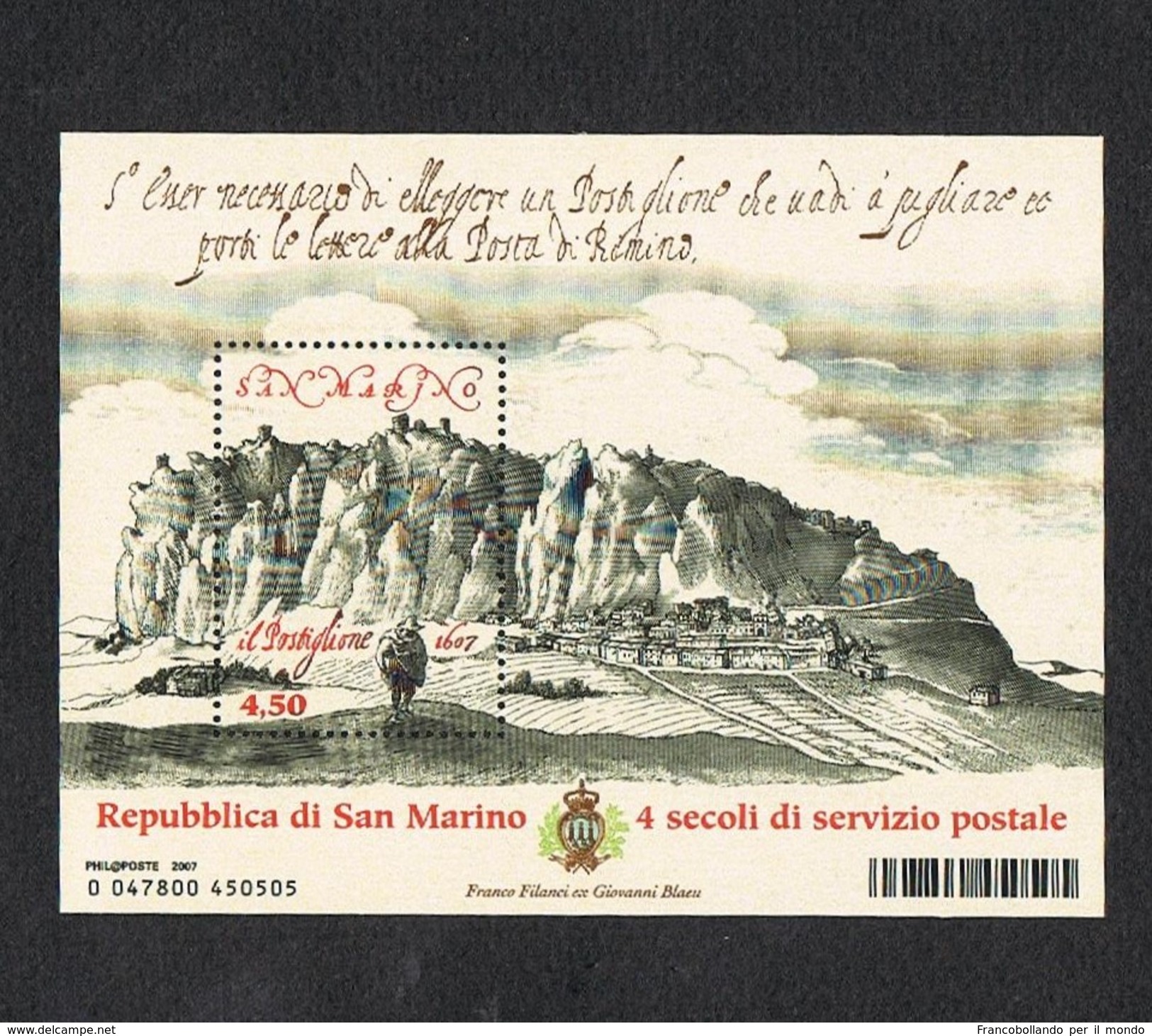 2007 SAN MARINO FOGLIETTO 4 Secoli Di Servizio Postale MNH**   MINT - Blocchi & Foglietti