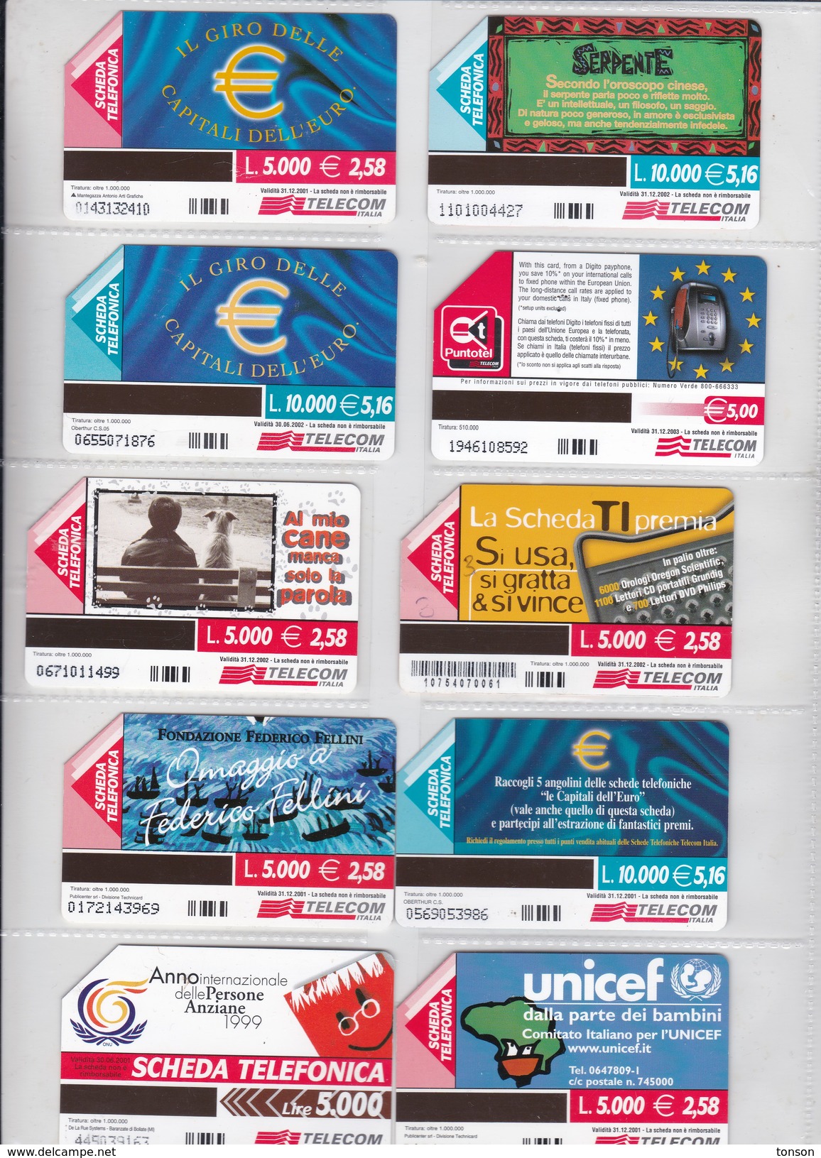 Italy, 10 Different Cards Number 26, Portugese Tram, Dog, Fellini, Unicef, Zodiac, 2 Scans. - Collections