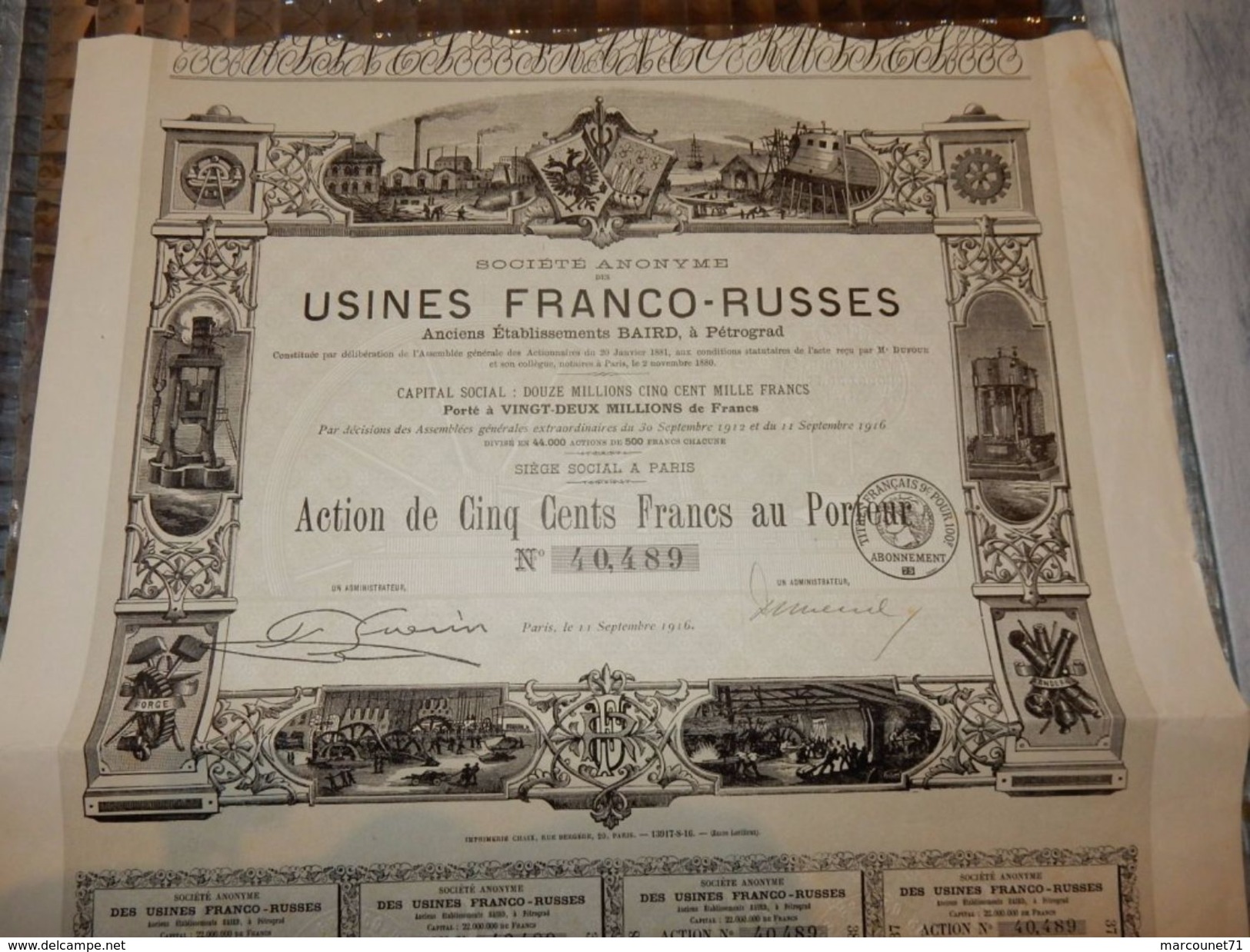 OBLIGATIONS USINES FRANCO RUSSES ETABLISSEMENTS BAIRDS A PÉTROGRAD 1916 - Autres & Non Classés