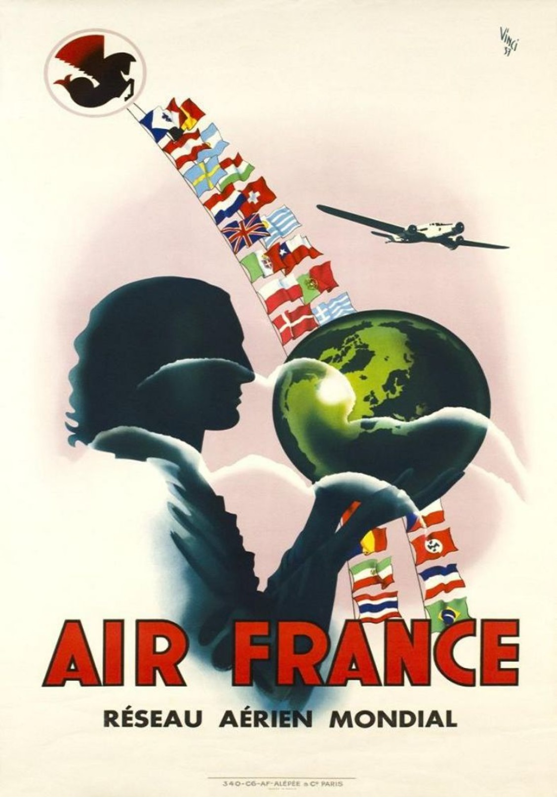 Air France Réseau Aérien Mondial 1937 - Postcard - Poster Reproduction - Publicité
