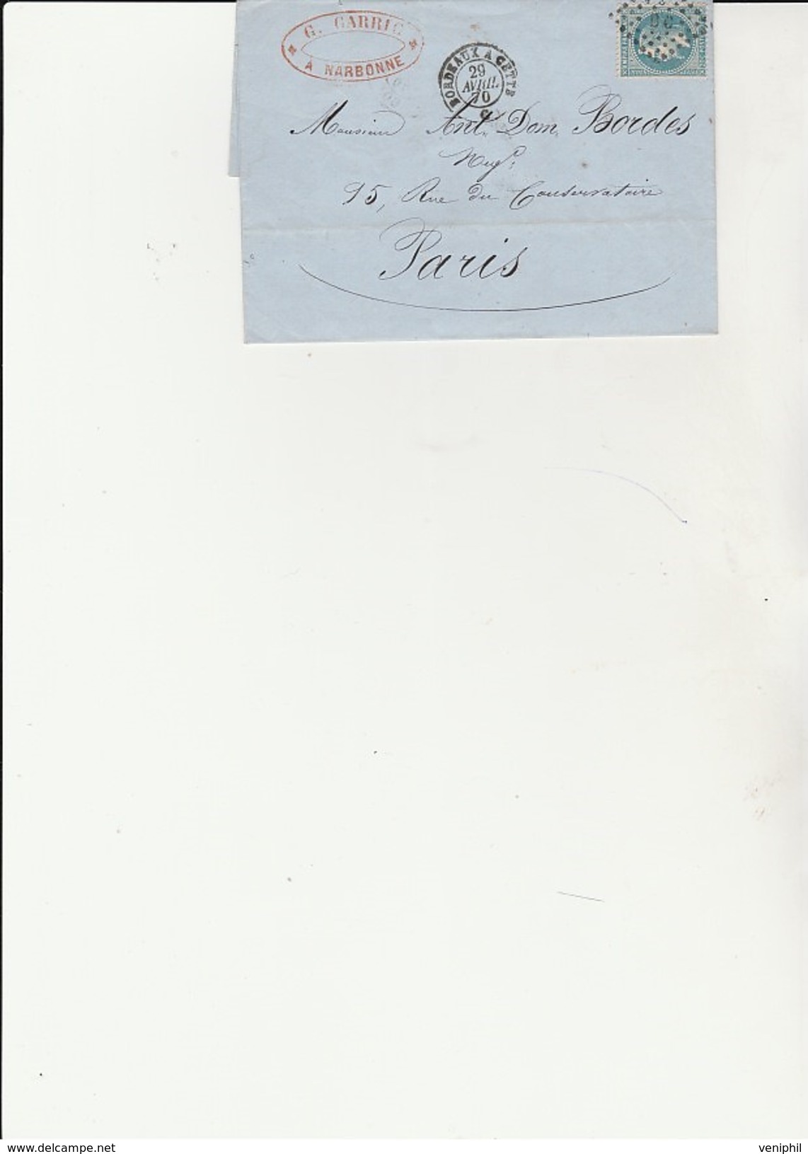 LETTRE AFFRANCHIE N° 29 OBLITERATION CAD CONVOYEUR BORDEAUX A CETTE -1870 -LETTRE ENTETE G.GARRIC - 1849-1876: Classic Period