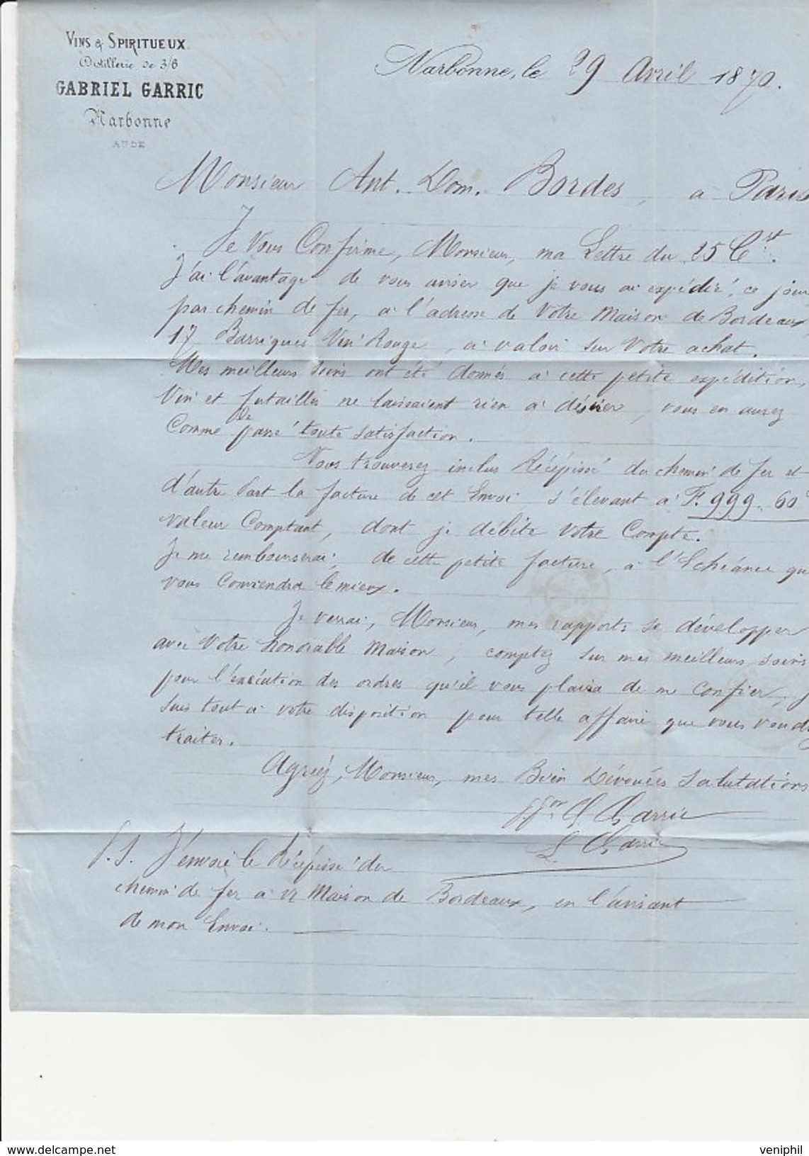 LETTRE AFFRANCHIE N° 29 OBLITERATION CAD CONVOYEUR BORDEAUX A CETTE -1870 -LETTRE ENTETE G.GARRIC - 1849-1876: Periodo Classico