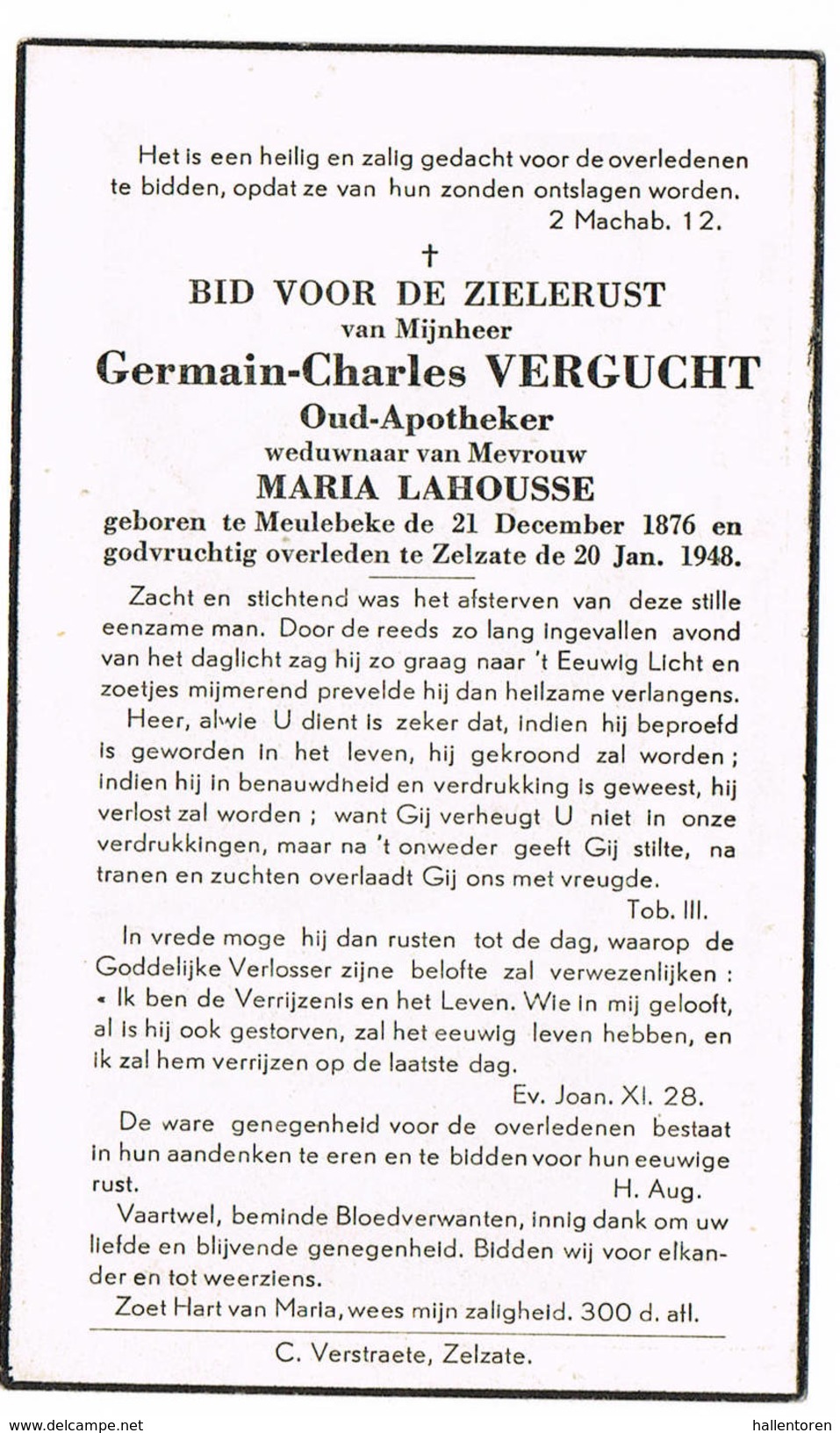 Zelzate, Meulebeke: 1948, Germain-Charles Vergucht; Oud-apotheker ( 2 Scans) - Santini