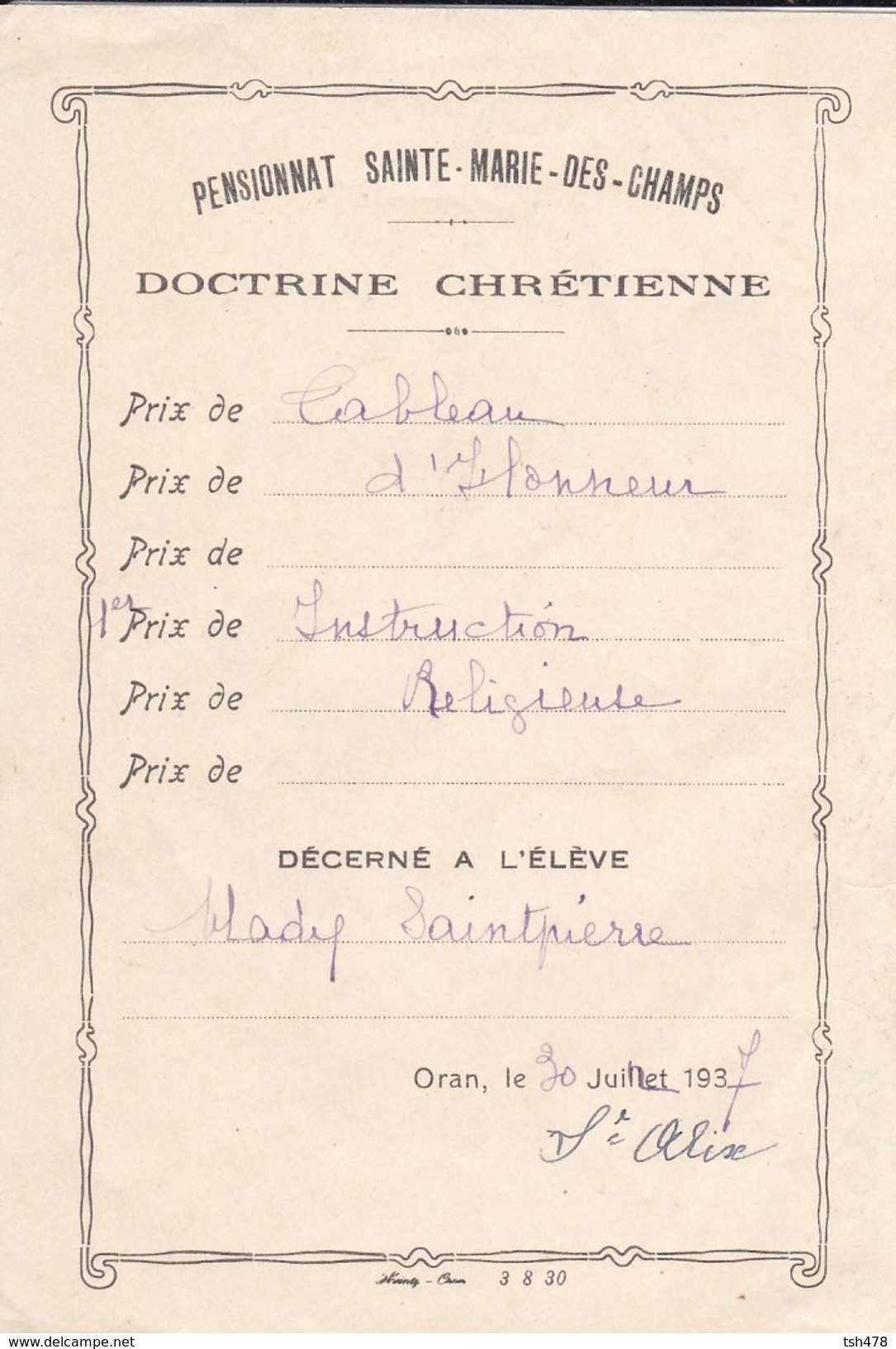 ALGERIE---ORAN  1937--pensionnat Sainte-marie-des-champs-doctrine Chrétienne---voir 2 Scans - Diploma's En Schoolrapporten